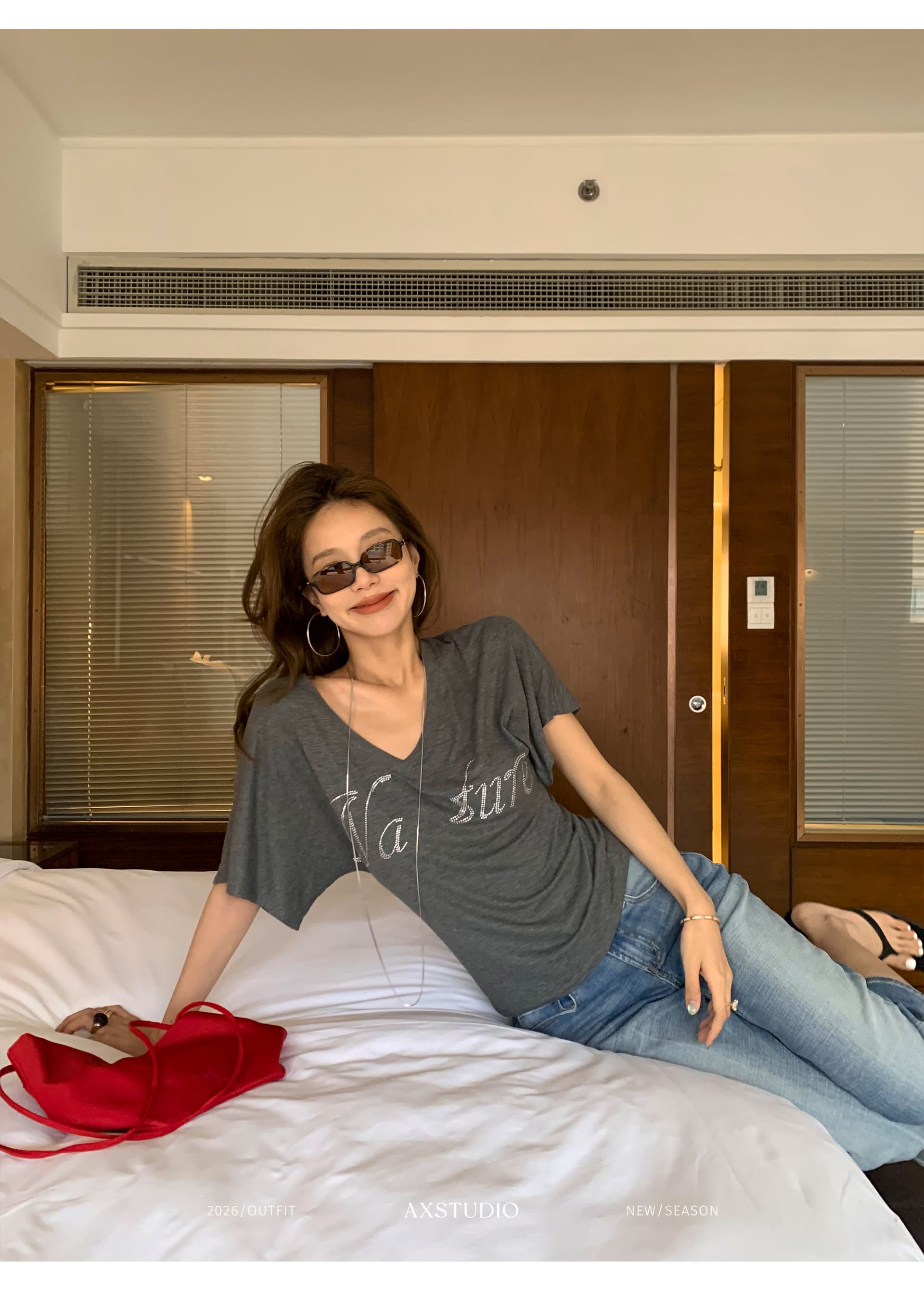 한국 chic 알파벳 핫픽스 회색 몸매 가꾸기 슬림해 보이는 V넥 반팔 얇은 스타일 티셔츠 여성 여름 새로운 핫걸 맨위 상세 이미지 17