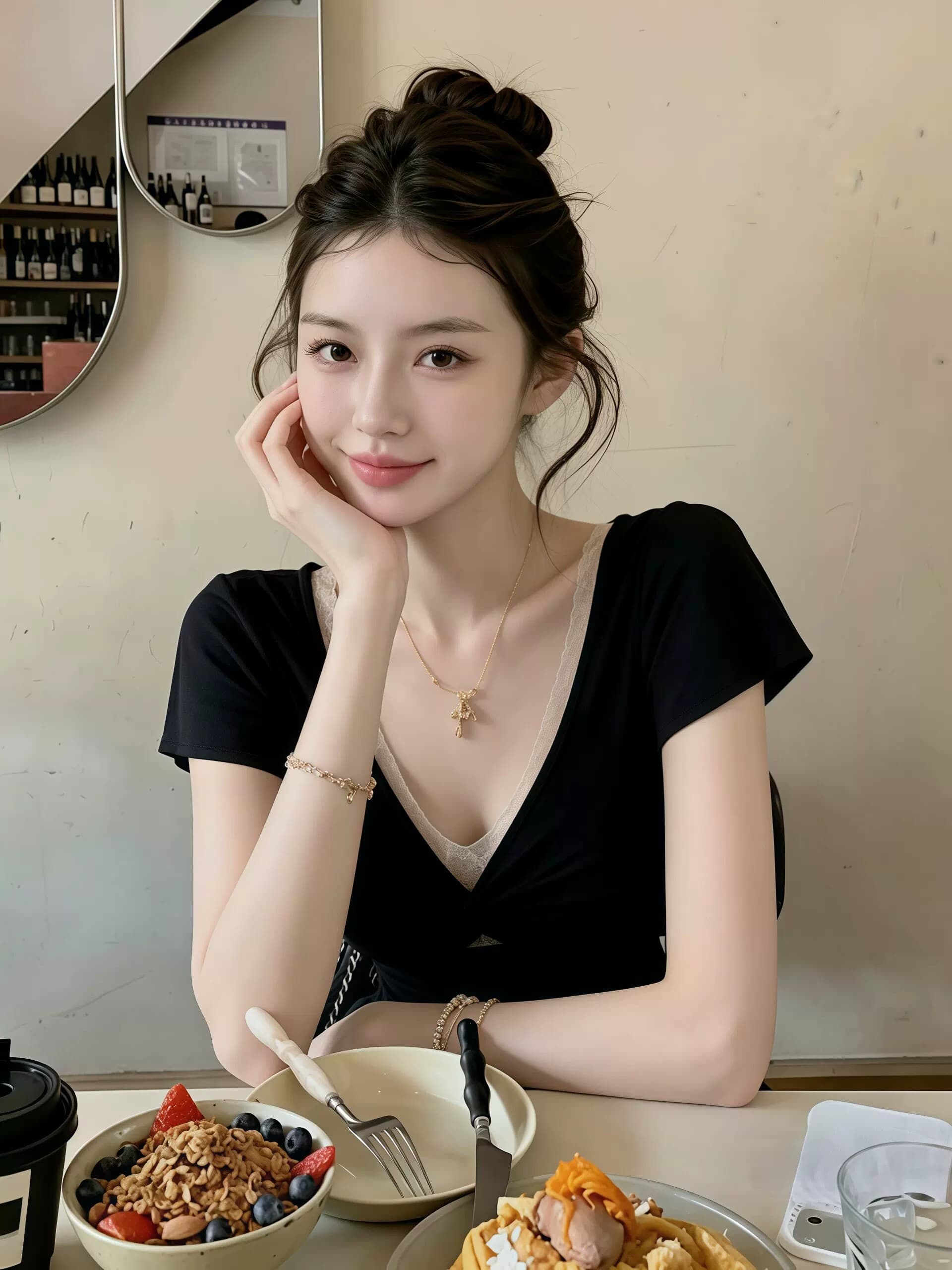 한국 chic 순수한 욕망 레이스 조각 V넥 비틀림 페이크 레이어드 반팔 티셔츠 여성 여름 새로운 핫걸 맨위 트렌디 이미지 3