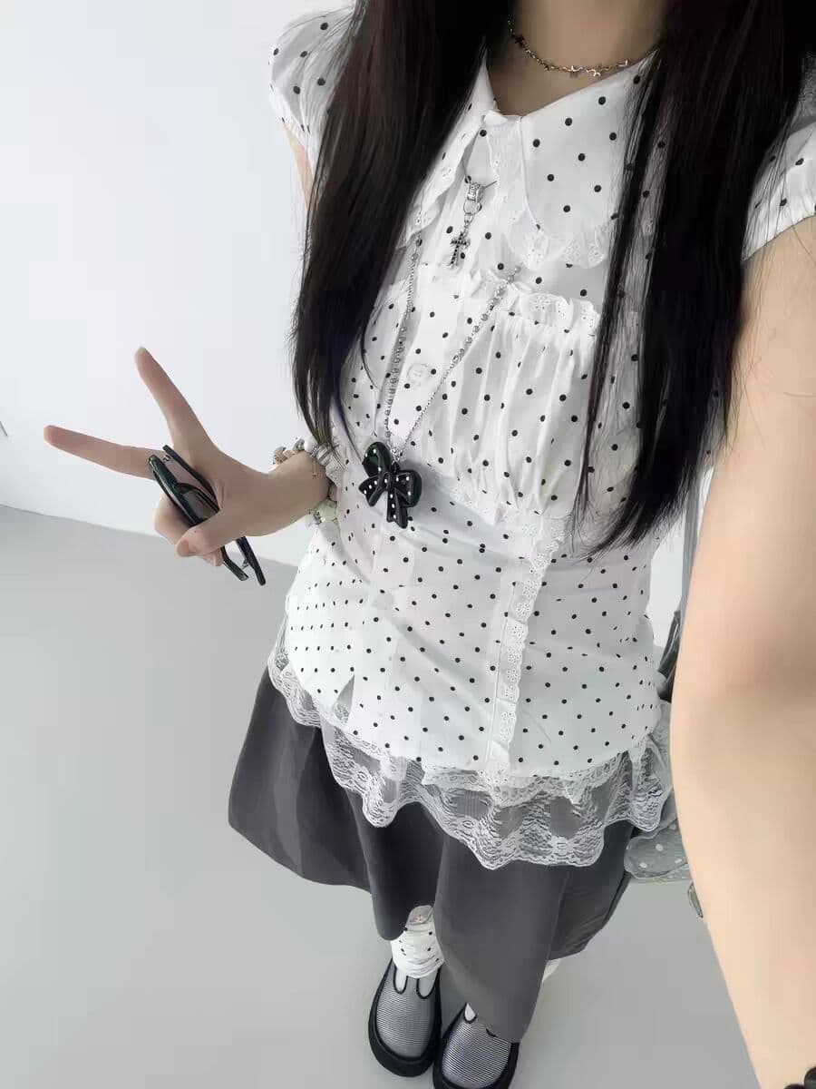 여름 새로운 한국 스타일 아메리칸 핫걸 레트로 한 부서 순수한 욕망 연령 감소 베이비 칼라 도트 무늬 품격 반팔 여성 셔츠 상세 이미지 3