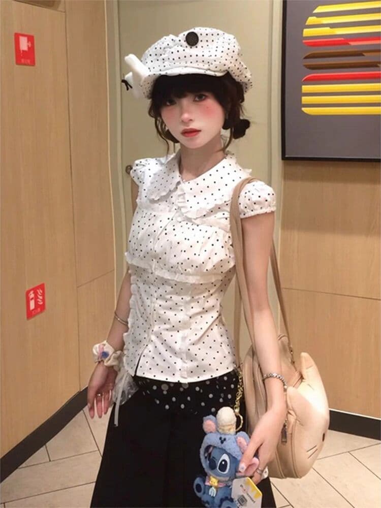 여름 새로운 한국 스타일 아메리칸 핫걸 레트로 한 부서 순수한 욕망 연령 감소 베이비 칼라 도트 무늬 품격 반팔 여성 셔츠 상세 이미지 6