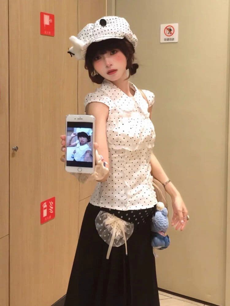 여름 새로운 한국 스타일 아메리칸 핫걸 레트로 한 부서 순수한 욕망 연령 감소 베이비 칼라 도트 무늬 품격 반팔 여성 셔츠 상세 이미지 9