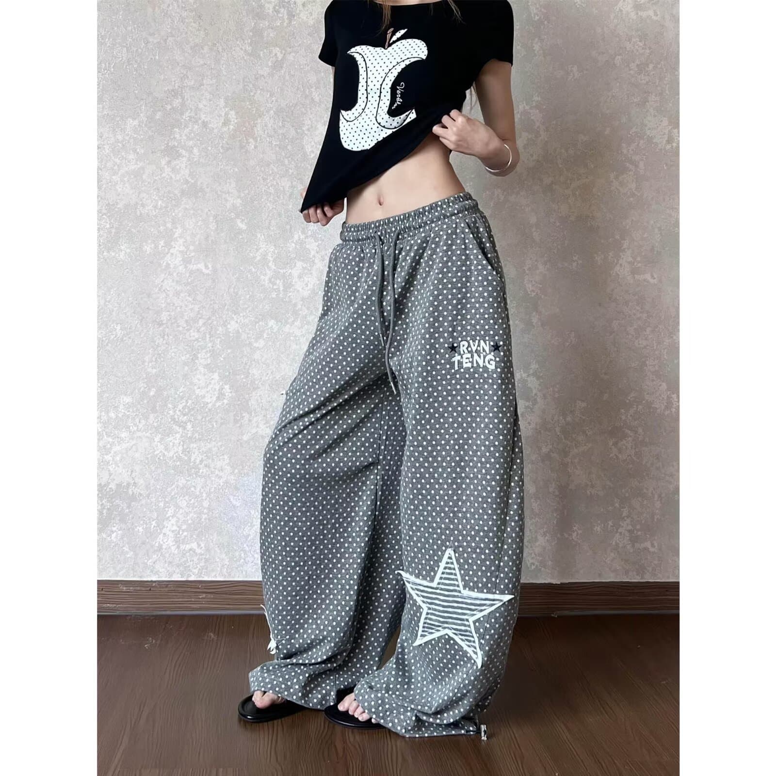 한국 chic 아메리칸 도트 무늬 별 자수 모통이 칼 바지 여성 새로운 레트로 슬림해 보이는 스트레이트 팬츠 도루 센스 캐주얼 바지 상세 이미지 2