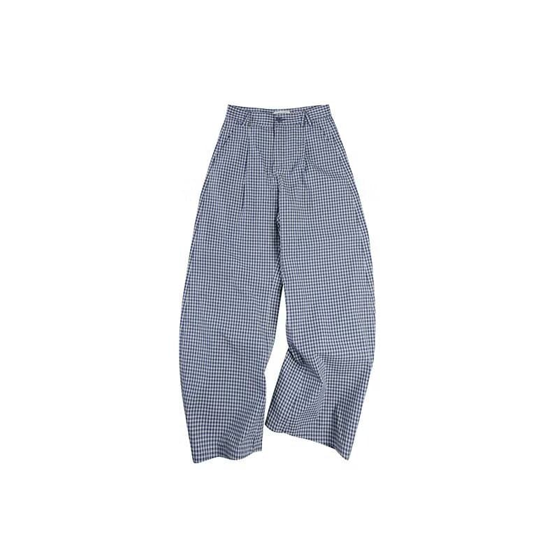 한국 chic 아메리칸 파란색 체크무늬 루즈핏 슬랙스 여성 주름 디자인 도루 센스 느긋한 넓은 다리 바닥 청소 바지 트렌디 상세 이미지 6