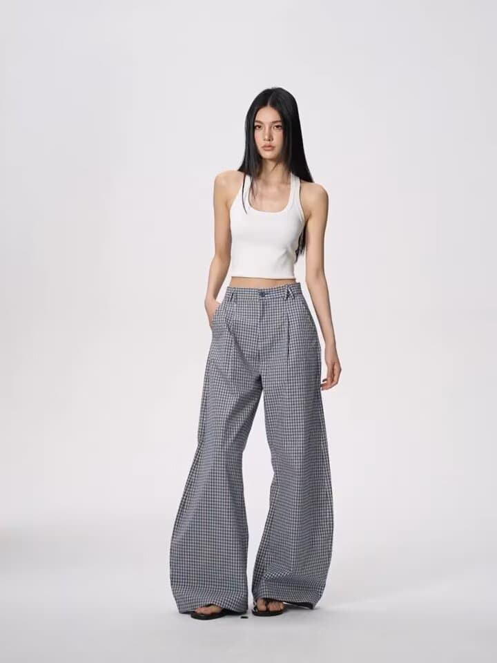 한국 chic 아메리칸 파란색 체크무늬 루즈핏 슬랙스 여성 주름 디자인 도루 센스 느긋한 넓은 다리 바닥 청소 바지 트렌디 상세 이미지 7