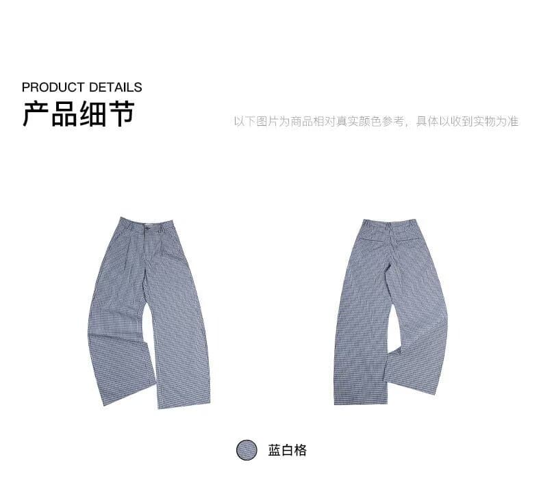 한국 chic 아메리칸 파란색 체크무늬 루즈핏 슬랙스 여성 주름 디자인 도루 센스 느긋한 넓은 다리 바닥 청소 바지 트렌디 상세 이미지 12