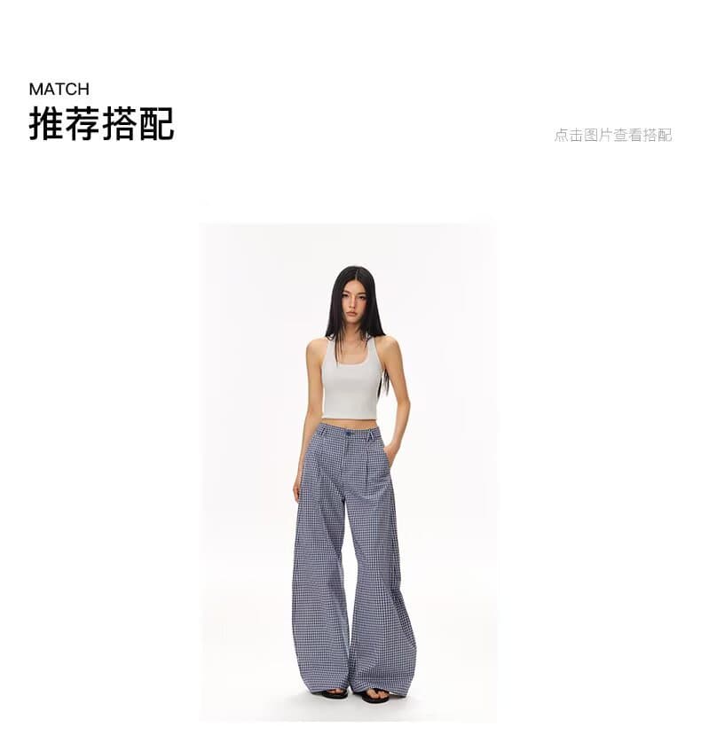 한국 chic 아메리칸 파란색 체크무늬 루즈핏 슬랙스 여성 주름 디자인 도루 센스 느긋한 넓은 다리 바닥 청소 바지 트렌디 상세 이미지 16