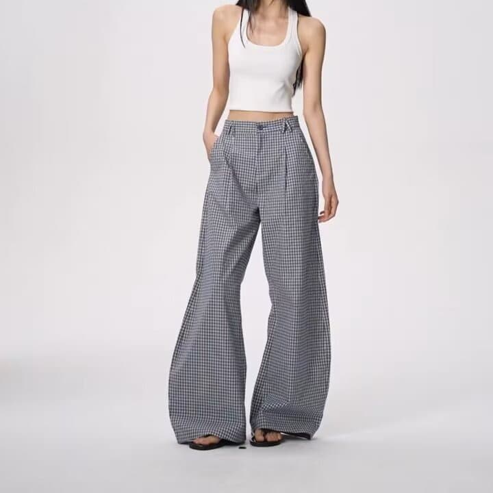 한국 chic 아메리칸 파란색 체크무늬 루즈핏 슬랙스 여성 주름 디자인 도루 센스 느긋한 넓은 다리 바닥 청소 바지 트렌디 상세 이미지 31