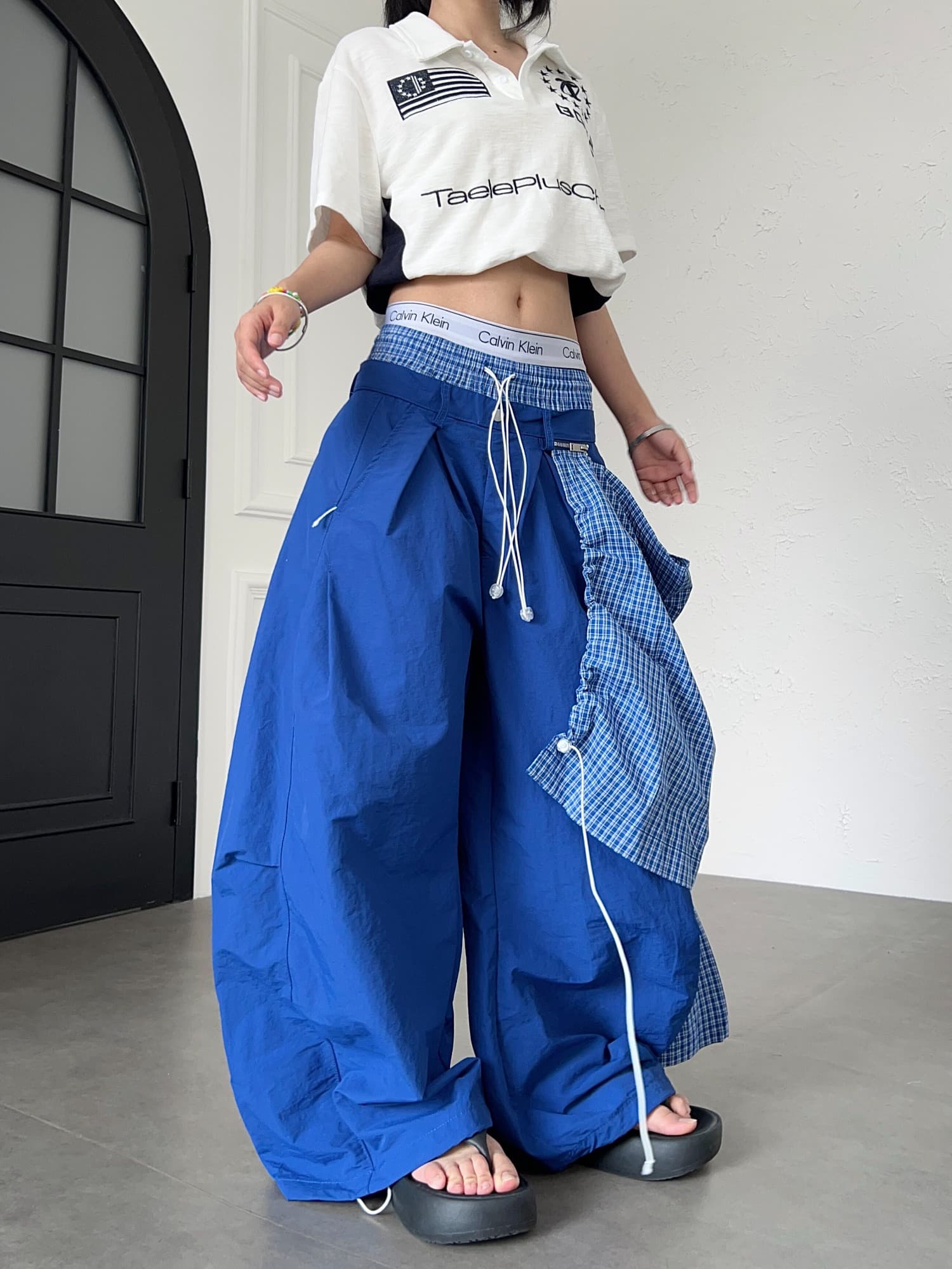 한국 chic 아메리칸 새로운 거리 불규칙 탈착식 방귀 커튼 캐주얼 바지 루즈핏 더블 머리 허리 모통이 칼 바지 여성