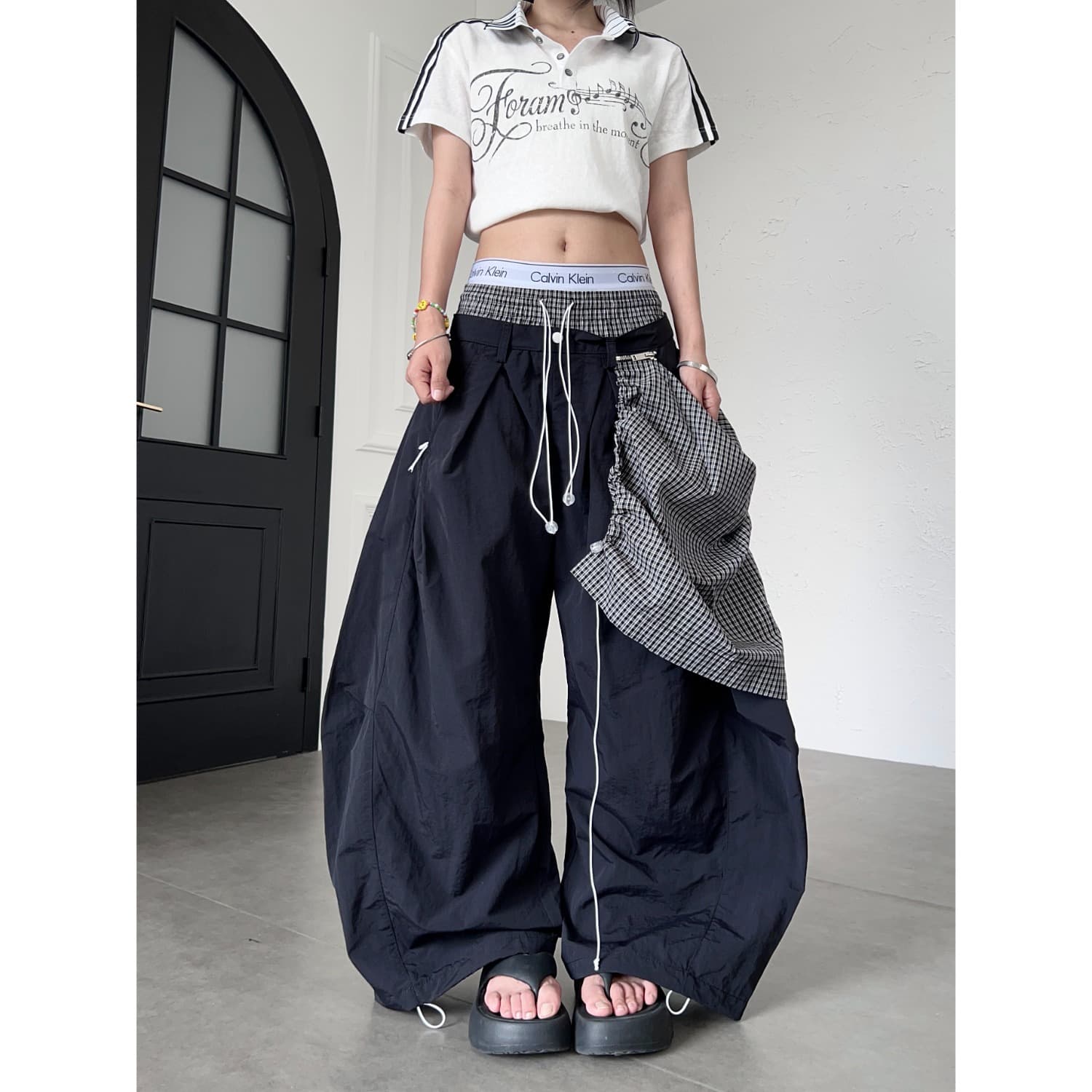 한국 chic 아메리칸 새로운 거리 불규칙 탈착식 방귀 커튼 캐주얼 바지 루즈핏 더블 머리 허리 모통이 칼 바지 여성 이미지 3