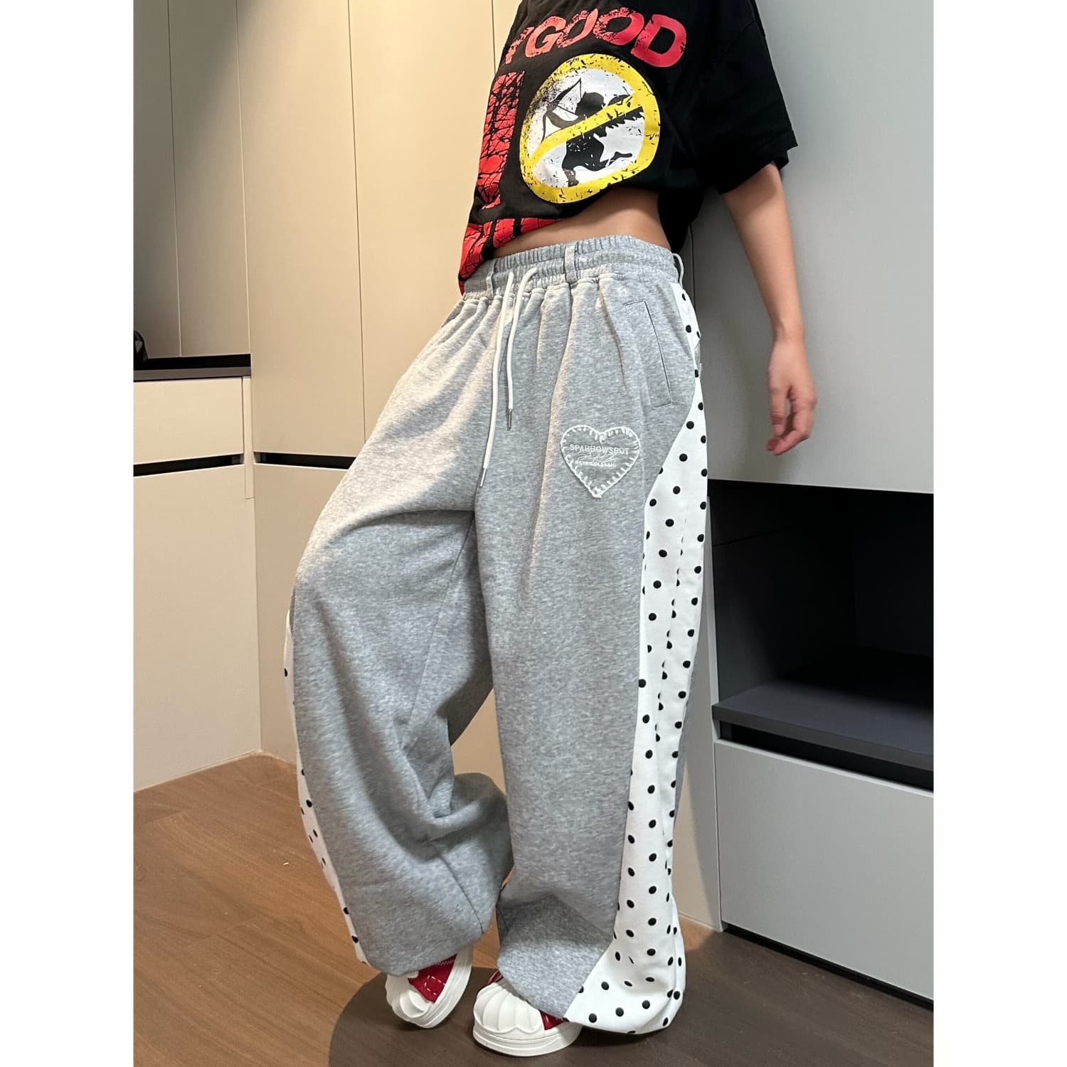 한국 chic 아메리칸 핫걸 도트 무늬 패치워크 하트 자수 진주 웨이 바지 여성 루즈핏 웃음 하 바닥 청소 긴 바지 트렌디 상세 이미지 14