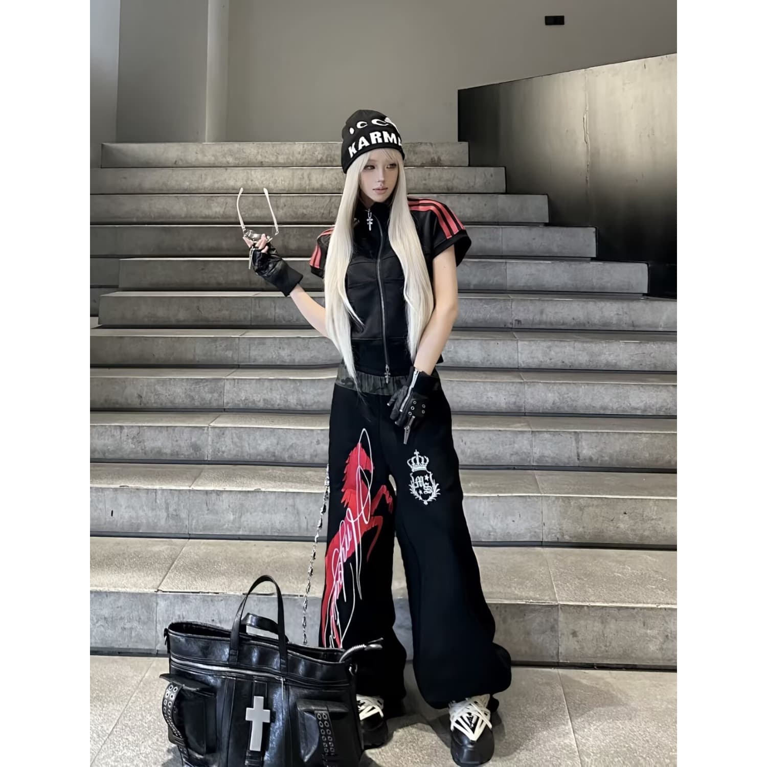한국 chic 아메리칸 거리 캐주얼 웨이 바지 여성 새로운 전쟁 말 프린트 스트레이트 와이드 레그 팬츠 baggy 바지 트렌디 상세 이미지 3