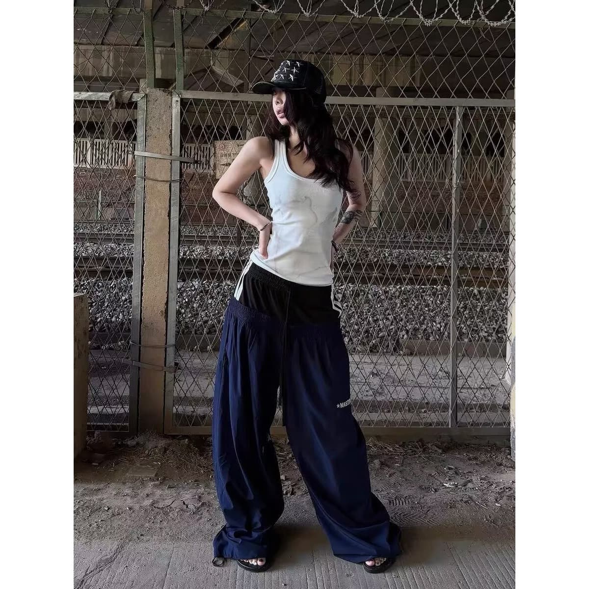 한국 chic 아메리칸 거리 스타 반지 자수 더블 허리 머리 운동 바람 캐주얼 웨이 바지 여성 페이크 레이어드 넓은 다리 길이 바지 상세 이미지 6