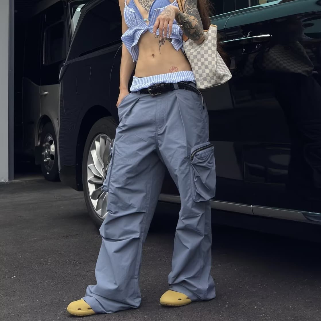 한국 chic 아메리칸 기능 나일론 지퍼 주머니 속도 건조한 캐주얼 바지 여성 거리 넓은 다리 루즈핏 캐주얼 긴 바지