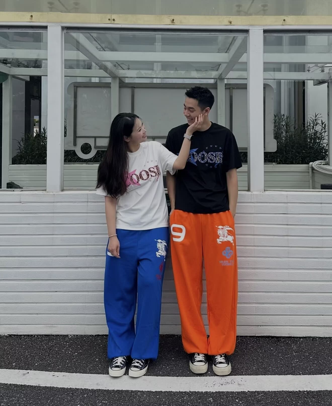 한국 chic 아메리칸 레트로 숫자 프린트 자수 웨이 바지 남녀 루즈핏 스트레이트 넓은 다리 운동 캐주얼 긴 바지 상세 이미지 1