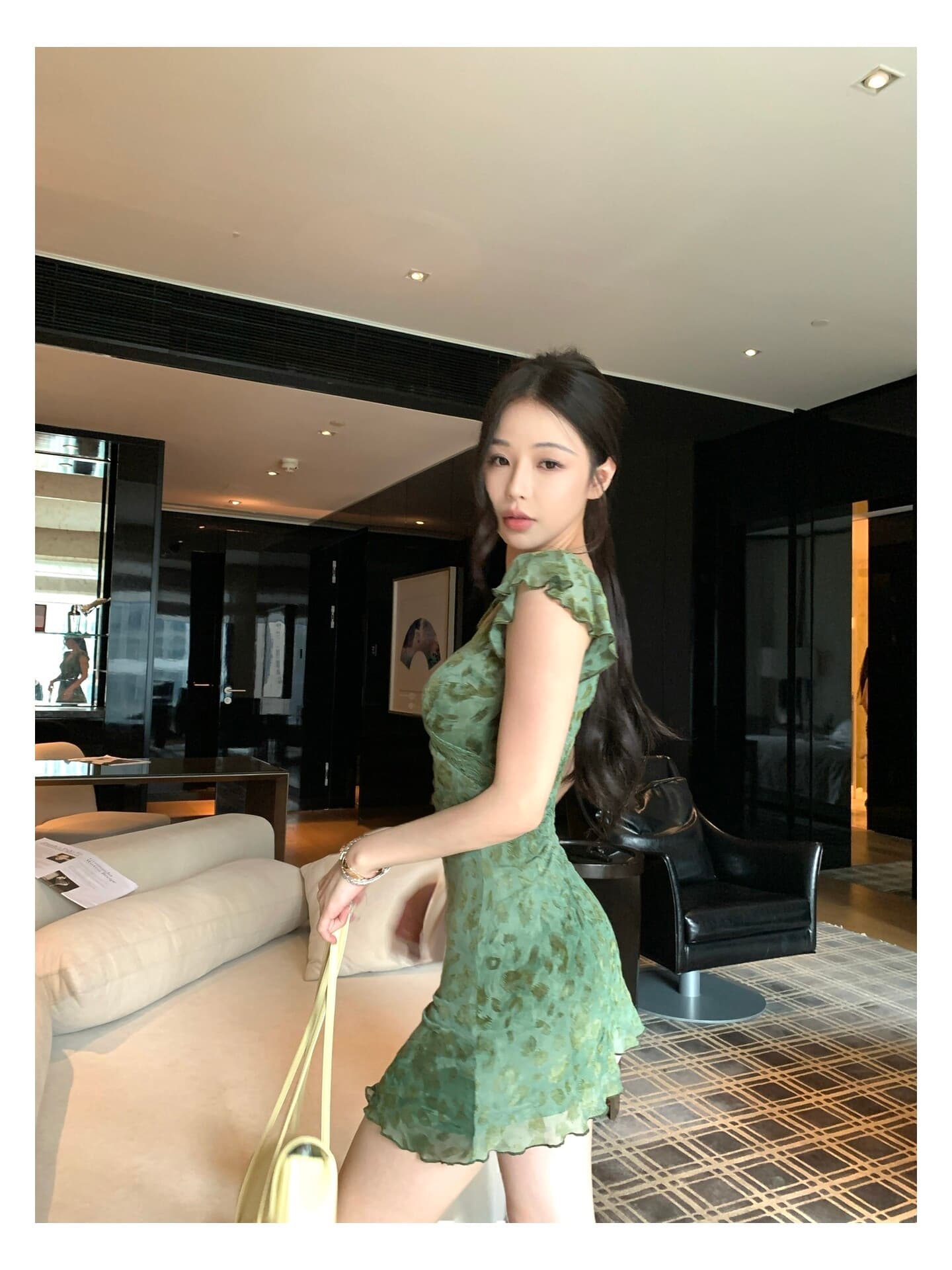 한국 chic 새로운 아메리칸 레이스 작은 날다 소매 비스듬한 자르다 레오파드 무늬 치마 여성 깊은 v 섹시함 몸매 가꾸기 허리 수축 드레스 상세 이미지 1