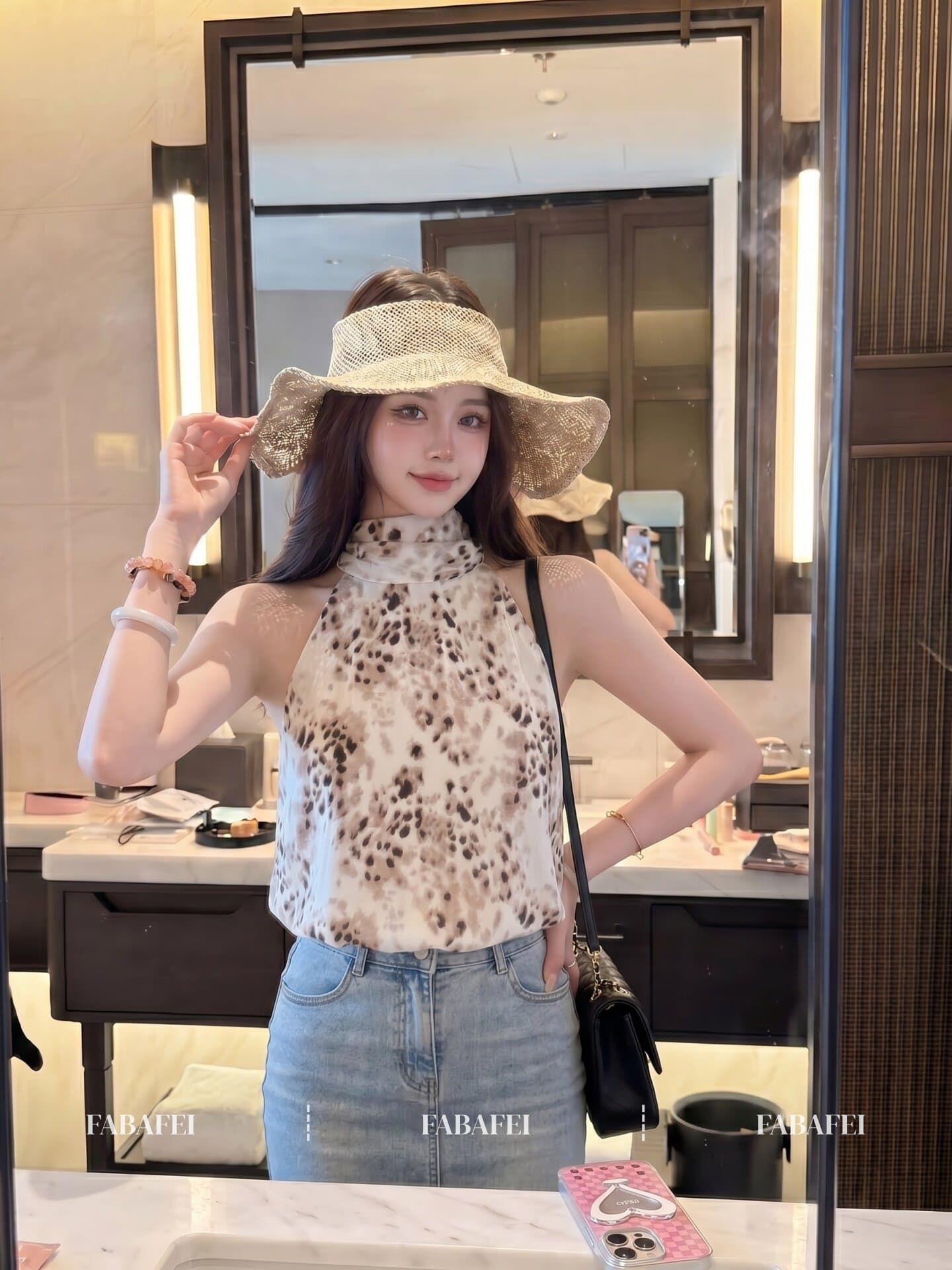 한국 스타일 아메리칸 행침 목 레오파드 무늬 조끼 여성 여름 새로운 풀오버 반하이넥 쉬폰 블라우스 민소매 오프숄더 맨위 트렌디 상세 이미지 2