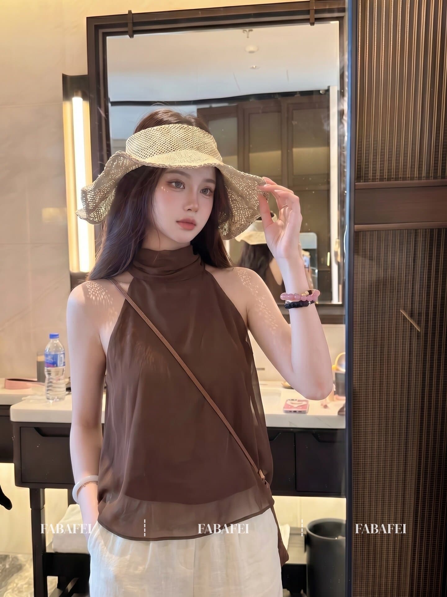 한국 스타일 아메리칸 행침 목 레오파드 무늬 조끼 여성 여름 새로운 풀오버 반하이넥 쉬폰 블라우스 민소매 오프숄더 맨위 트렌디 상세 이미지 3