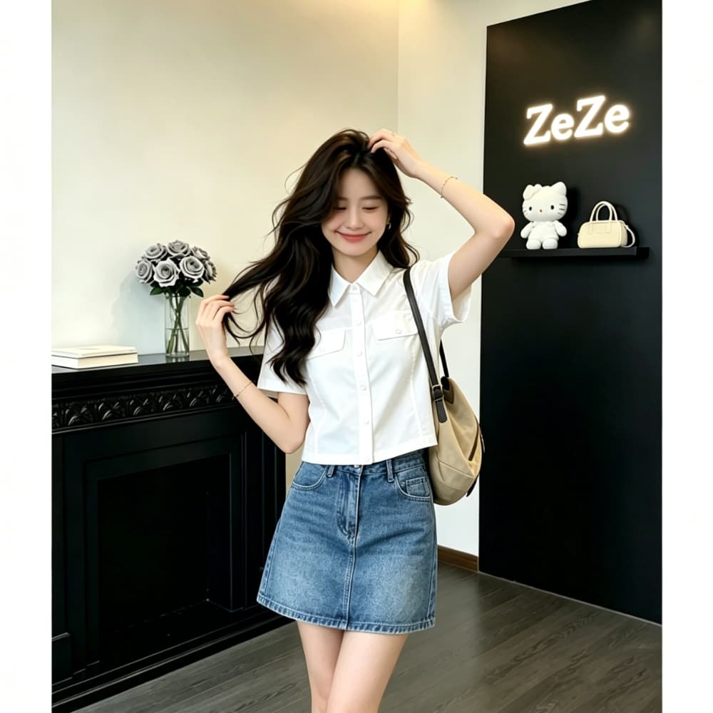 아메리칸 레트로 워크웨어 바람 더블 주머니 반팔 화이트 여성 셔츠 여름 한 부서 쇼트 스타일 루즈핏 슬림해 보이는 캐주얼 작은 셔츠