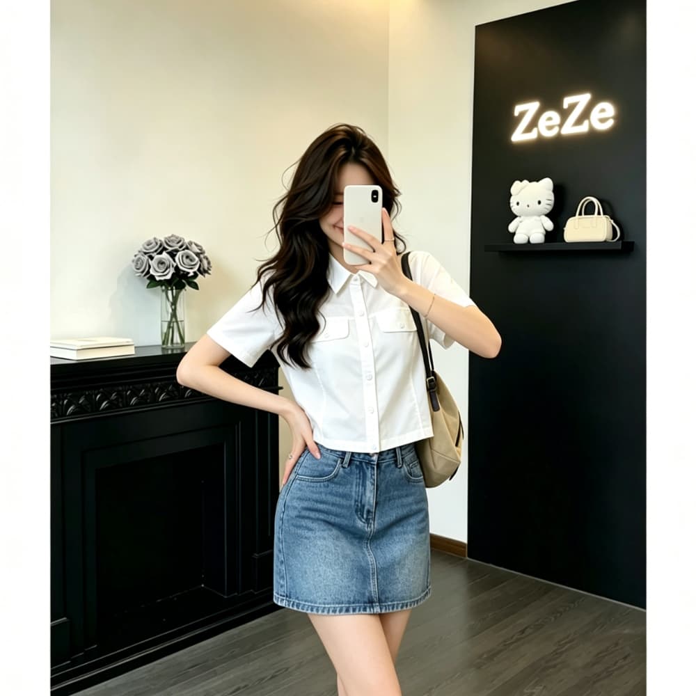 아메리칸 레트로 워크웨어 바람 더블 주머니 반팔 화이트 여성 셔츠 여름 한 부서 쇼트 스타일 루즈핏 슬림해 보이는 캐주얼 작은 셔츠 상세 이미지 2