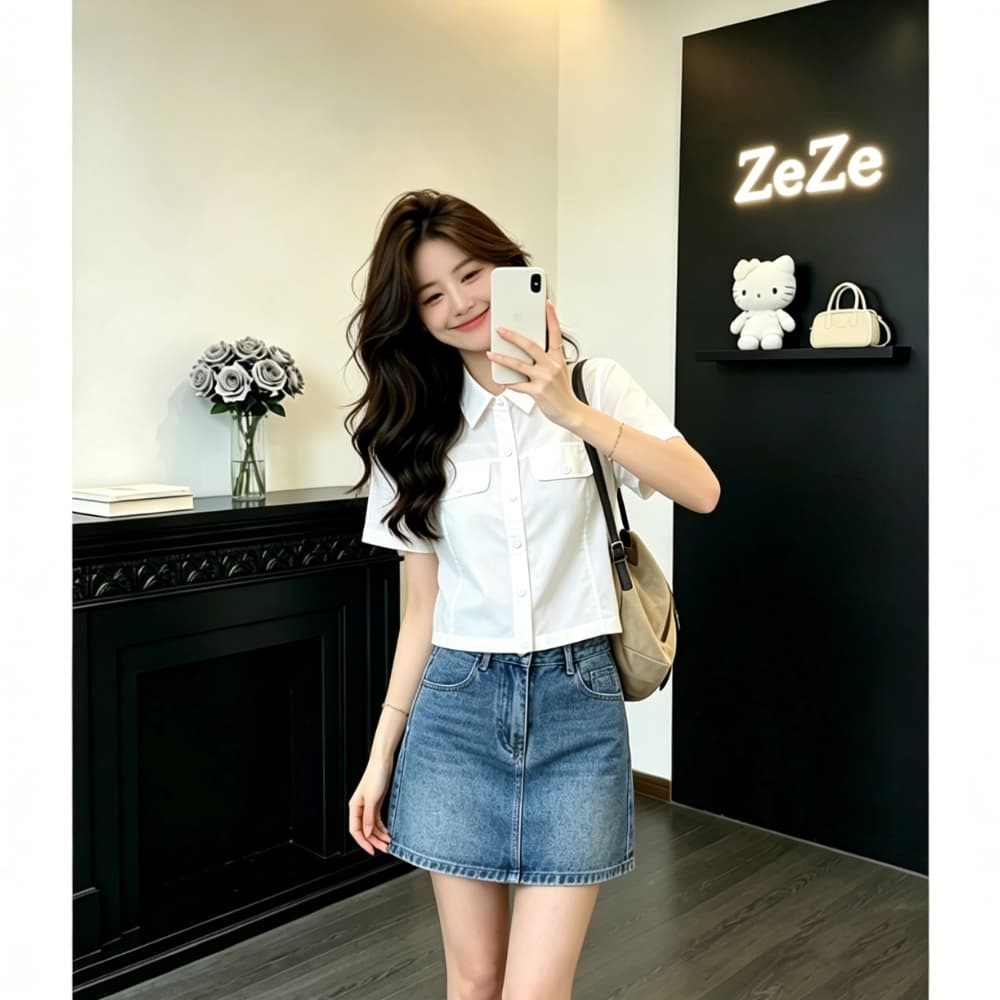 아메리칸 레트로 워크웨어 바람 더블 주머니 반팔 화이트 여성 셔츠 여름 한 부서 쇼트 스타일 루즈핏 슬림해 보이는 캐주얼 작은 셔츠 상세 이미지 4