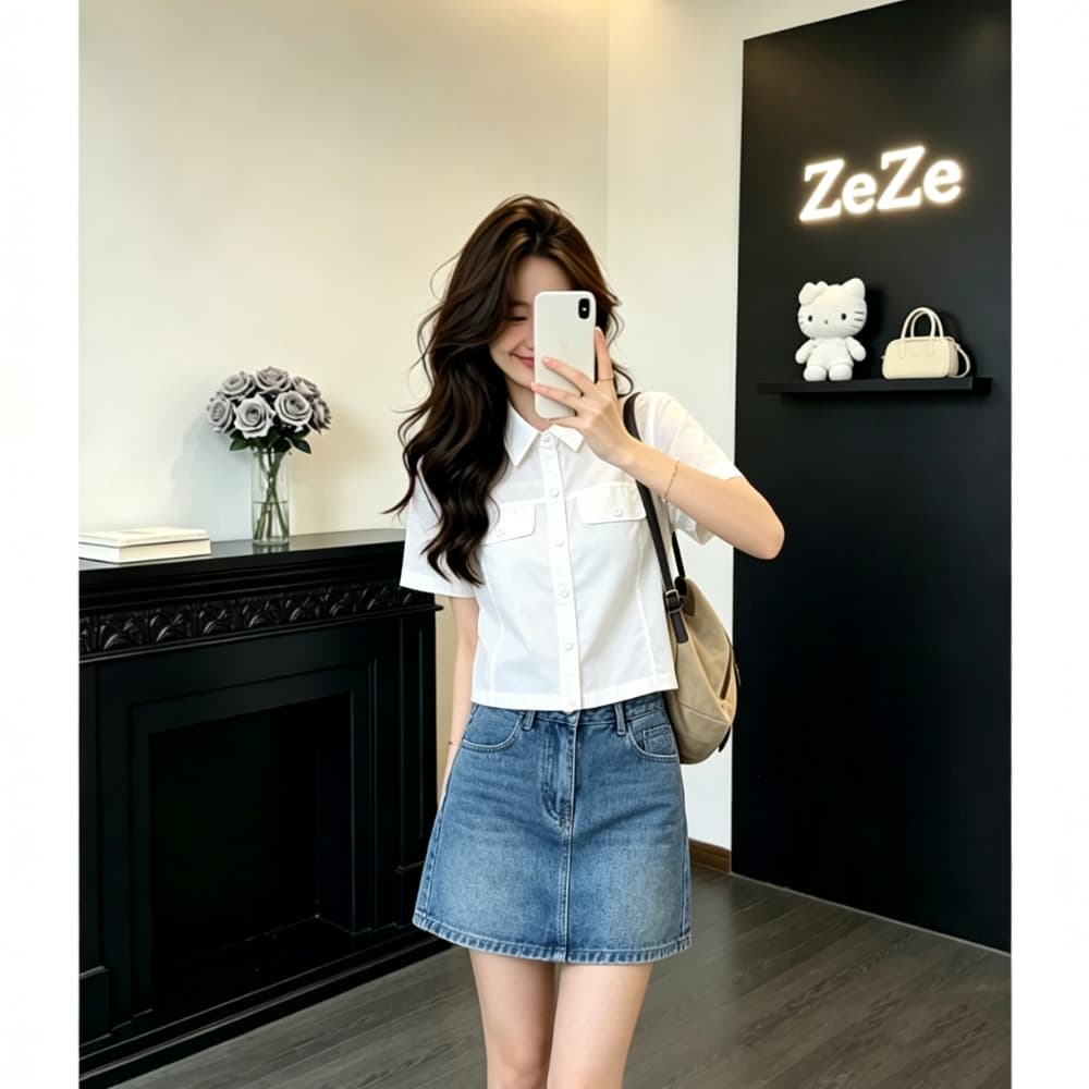 아메리칸 레트로 워크웨어 바람 더블 주머니 반팔 화이트 여성 셔츠 여름 한 부서 쇼트 스타일 루즈핏 슬림해 보이는 캐주얼 작은 셔츠 상세 이미지 6