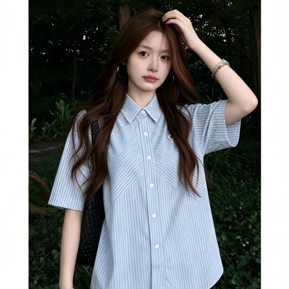 아메리칸 스트라이프 자수 반팔 여성 셔츠 여름 새로운 한 부서 루즈핏 슬림해 보이는 패치워크 캐주얼 다용도 맨위 트렌디 이미지 4