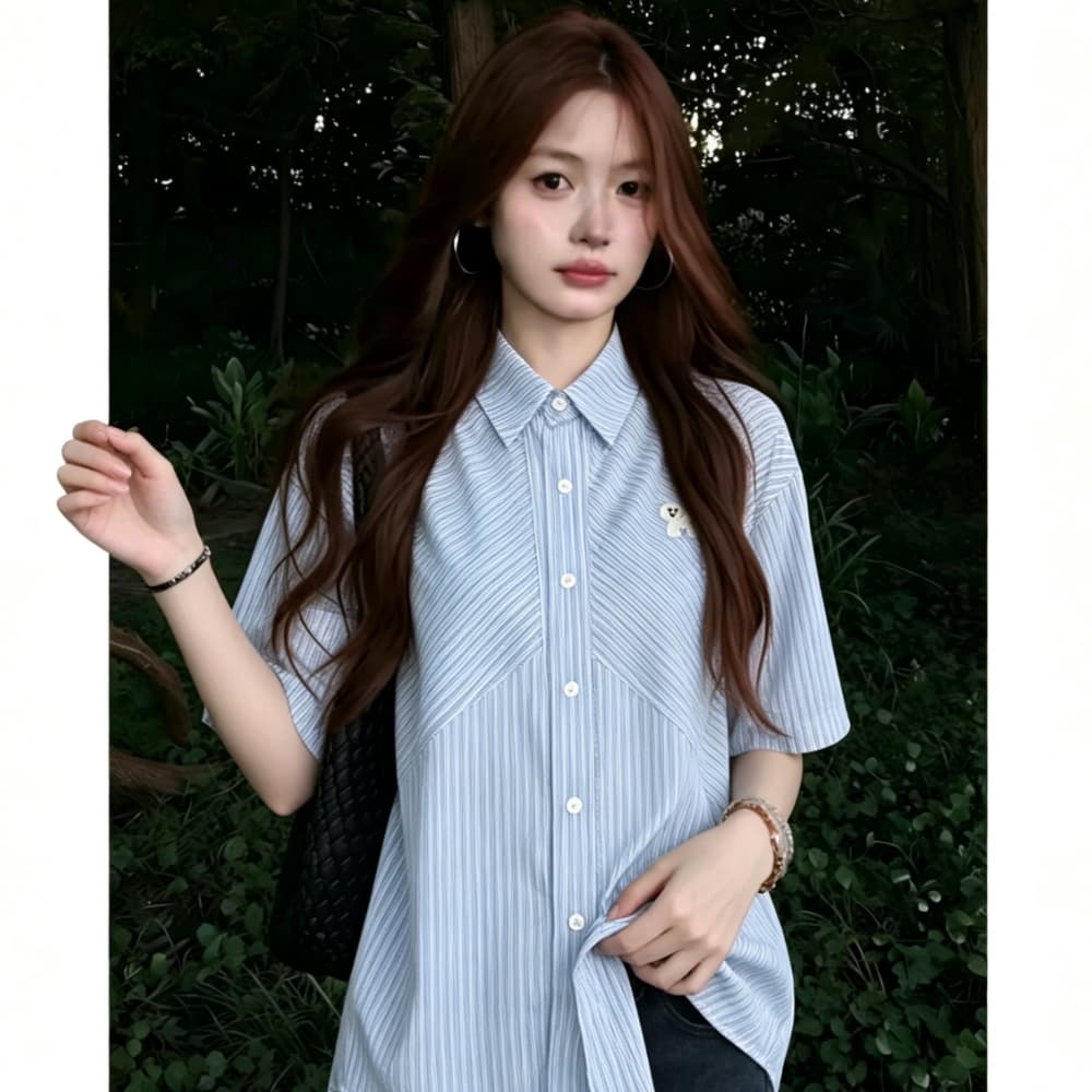아메리칸 스트라이프 자수 반팔 여성 셔츠 여름 새로운 한 부서 루즈핏 슬림해 보이는 패치워크 캐주얼 다용도 맨위 트렌디 상세 이미지 3