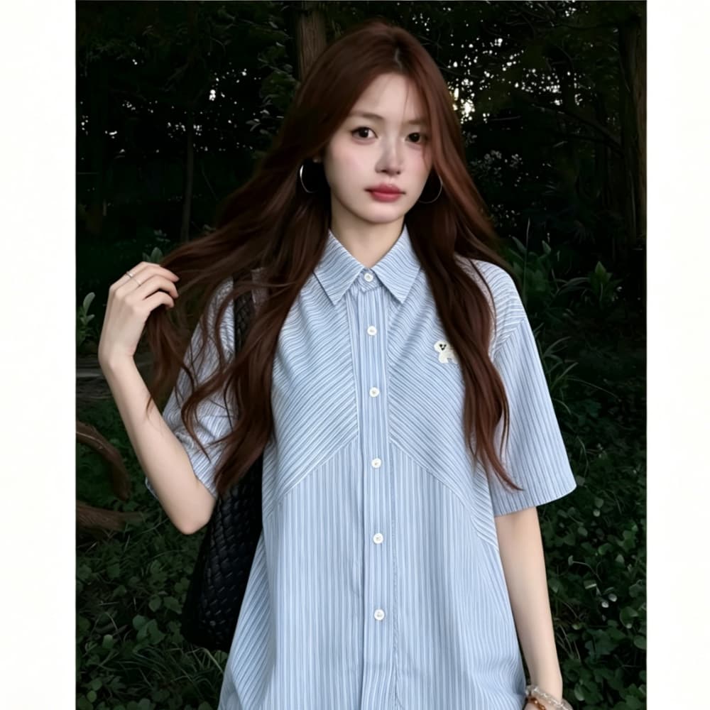 아메리칸 스트라이프 자수 반팔 여성 셔츠 여름 새로운 한 부서 루즈핏 슬림해 보이는 패치워크 캐주얼 다용도 맨위 트렌디 상세 이미지 4