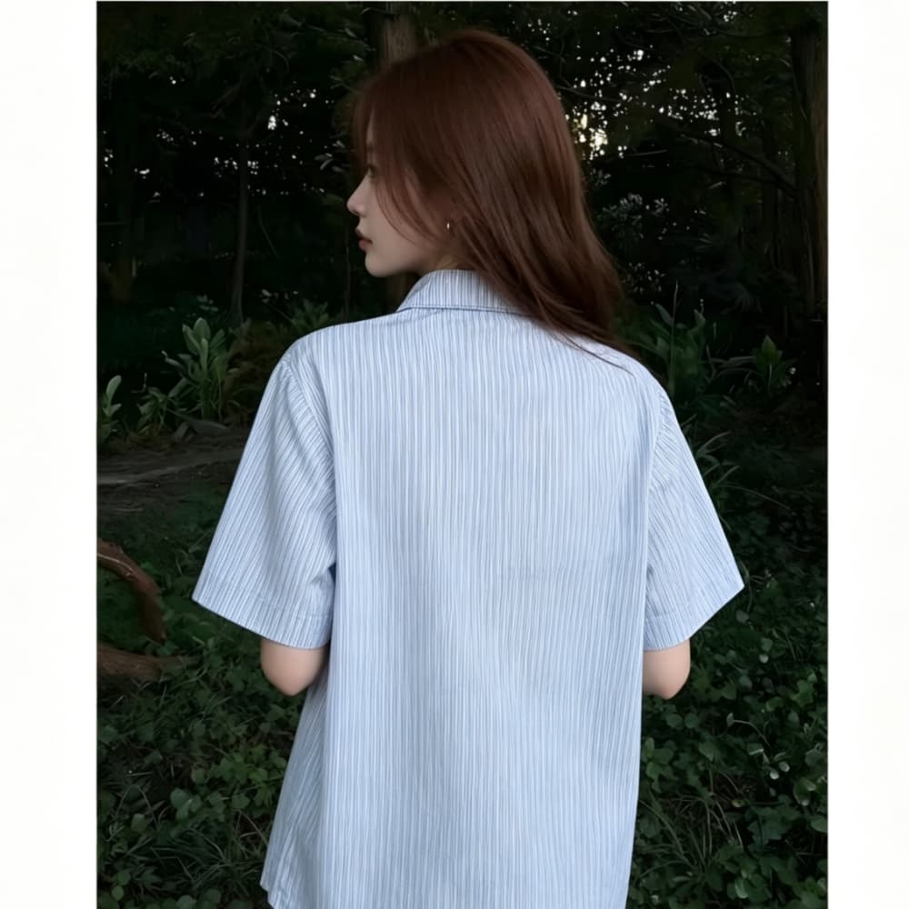 아메리칸 스트라이프 자수 반팔 여성 셔츠 여름 새로운 한 부서 루즈핏 슬림해 보이는 패치워크 캐주얼 다용도 맨위 트렌디 상세 이미지 6