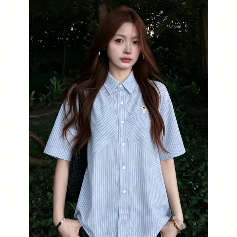 아메리칸 스트라이프 자수 반팔 여성 셔츠 여름 새로운 한 부서 루즈핏 슬림해 보이는 패치워크 캐주얼 다용도 맨위 트렌디 상세 이미지 7