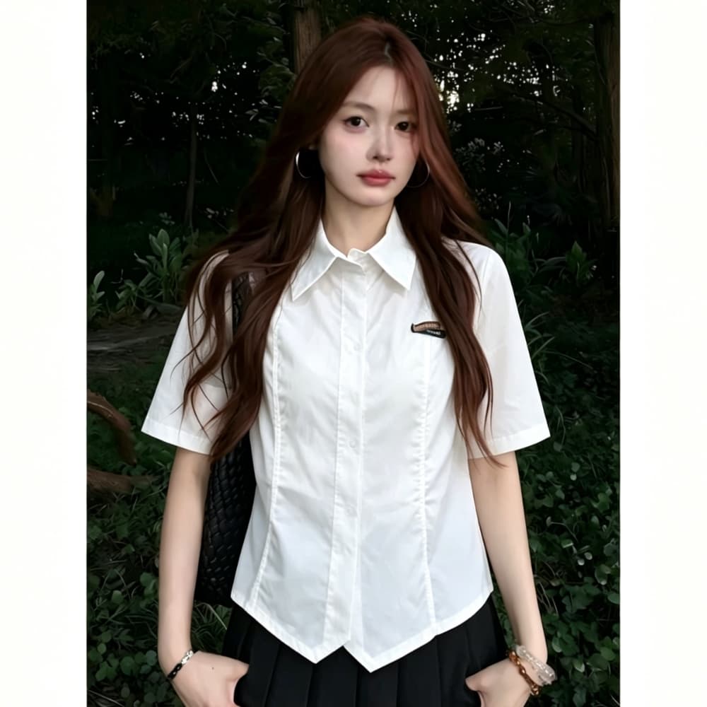 jk 유니폼 화이트 반팔 여성 셔츠 여름 한 부서 학원 스타일 불규칙 밑단 넥타이 루즈핏 다용도 맨위 이미지 2