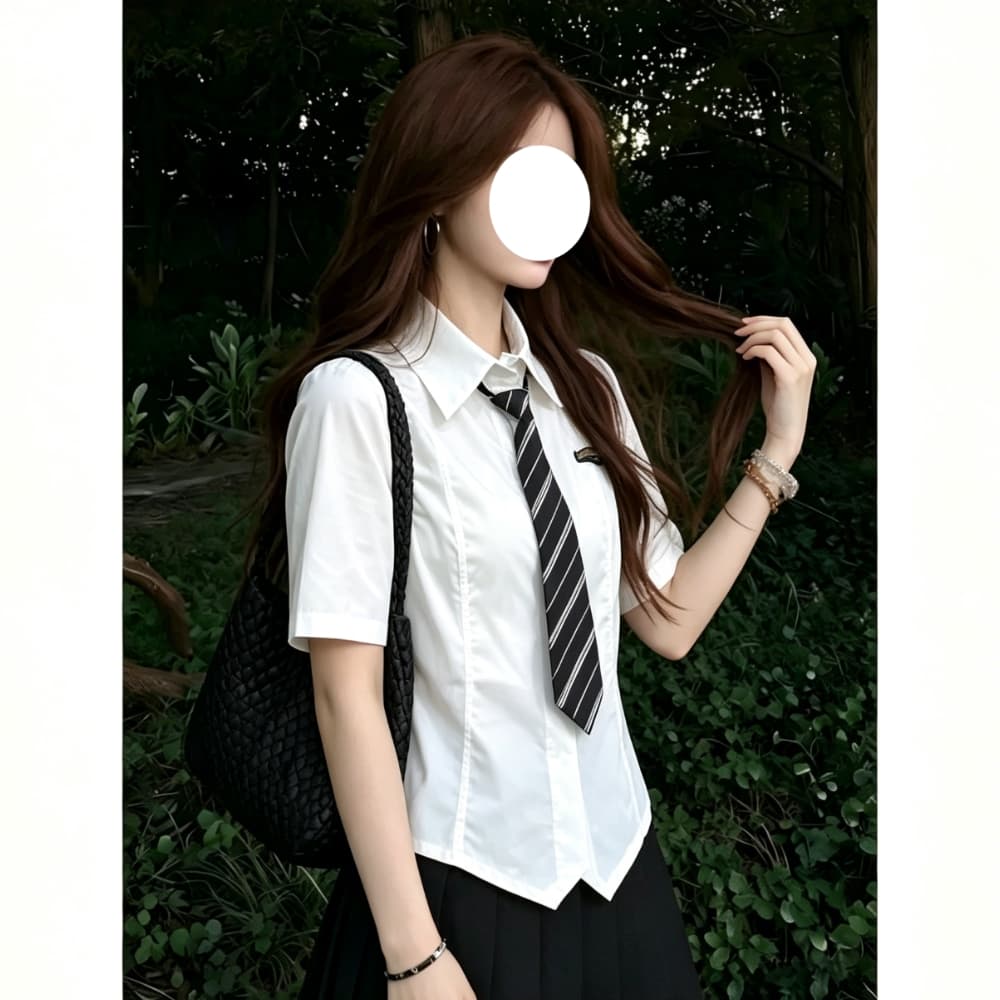 jk 유니폼 화이트 반팔 여성 셔츠 여름 한 부서 학원 스타일 불규칙 밑단 넥타이 루즈핏 다용도 맨위 상세 이미지 6