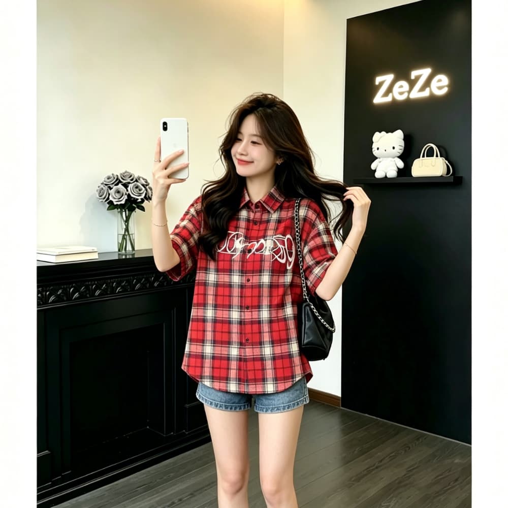 레트로 빨간색 체크무늬 반팔 여성 셔츠 여름 한 부서 루즈핏 느긋한 자수 셔츠 다용도 슬림해 보이는 체크무늬 맨위