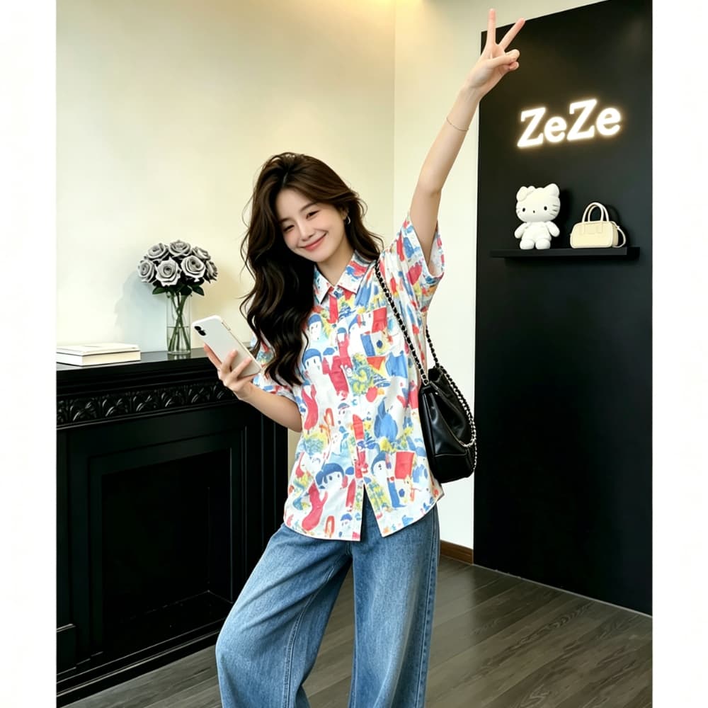 아메리칸 유화 낙서 프린트 반팔 여성 셔츠 여름 루즈핏 슬림해 보이는 셔츠 캐주얼 연령 감소 다용도 꽃 의류 상세 이미지 5