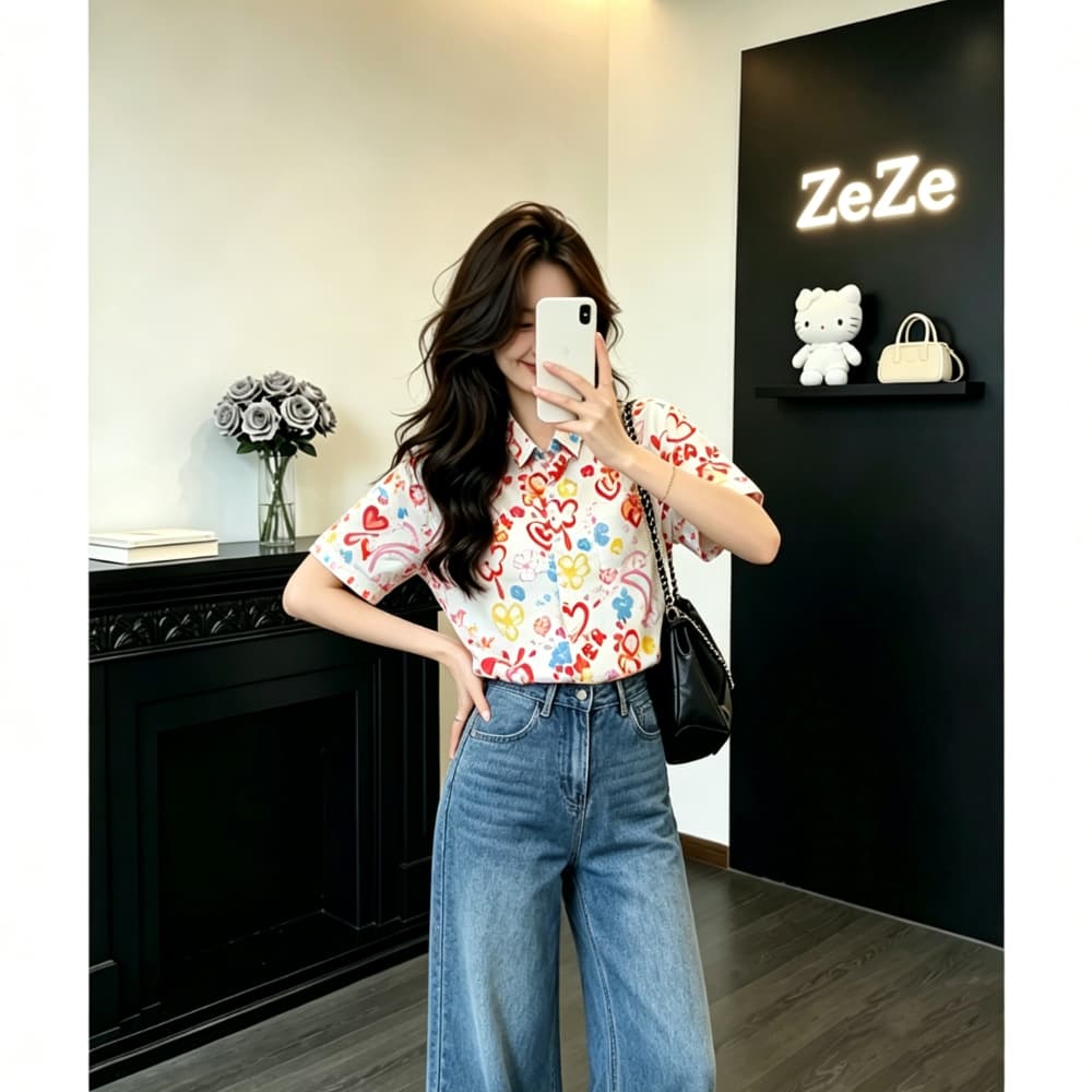 색상 하트 낙서 프린트 반팔 여성 셔츠 여름 루즈핏 셔츠 달콤함 연령 감소 다용도 캐주얼 맨위 이미지 3