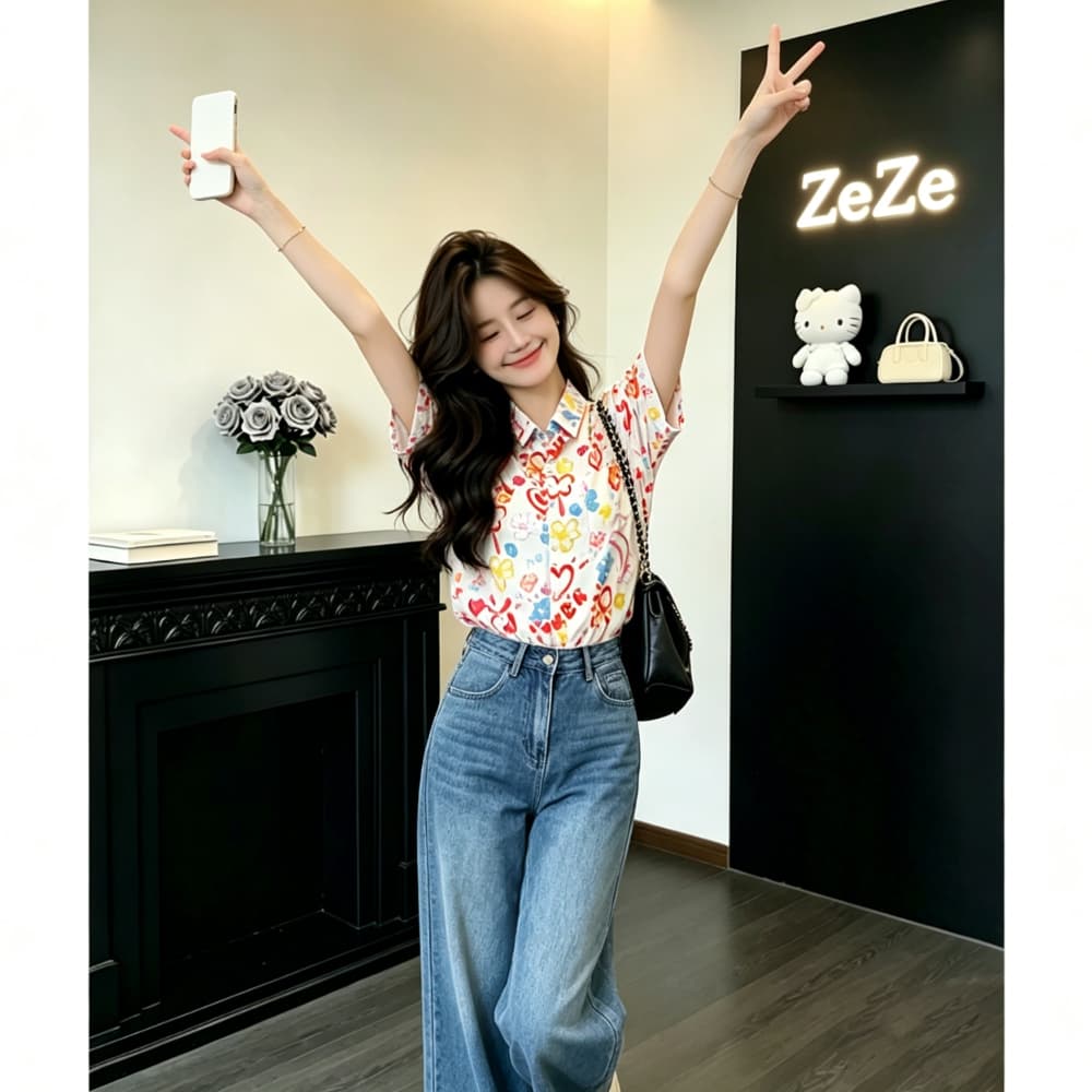 색상 하트 낙서 프린트 반팔 여성 셔츠 여름 루즈핏 셔츠 달콤함 연령 감소 다용도 캐주얼 맨위 상세 이미지 5