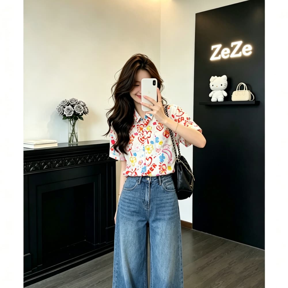 색상 하트 낙서 프린트 반팔 여성 셔츠 여름 루즈핏 셔츠 달콤함 연령 감소 다용도 캐주얼 맨위 상세 이미지 6