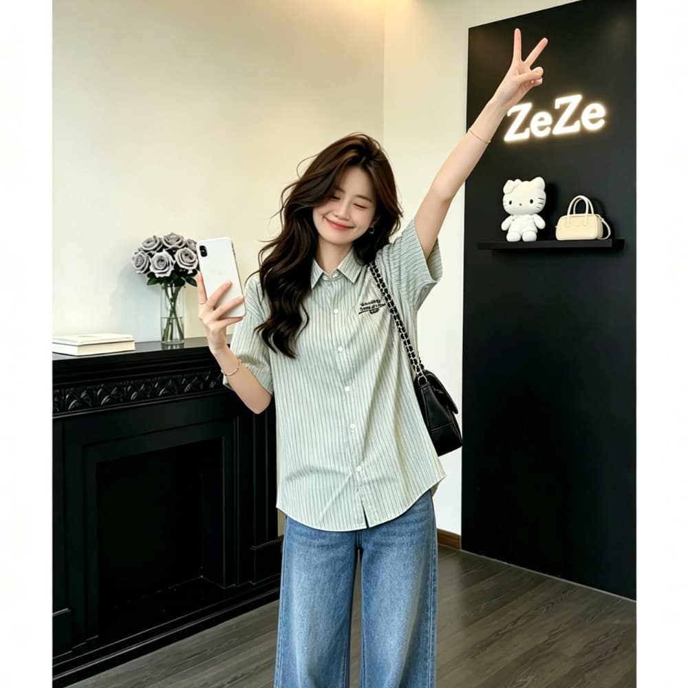 아메리칸 핀 스트라이프 자수 반팔 여성 셔츠 여름 새로운 루즈핏 셔츠 미니멀리즘 다용도 캐주얼 슬림해 보이는 맨위