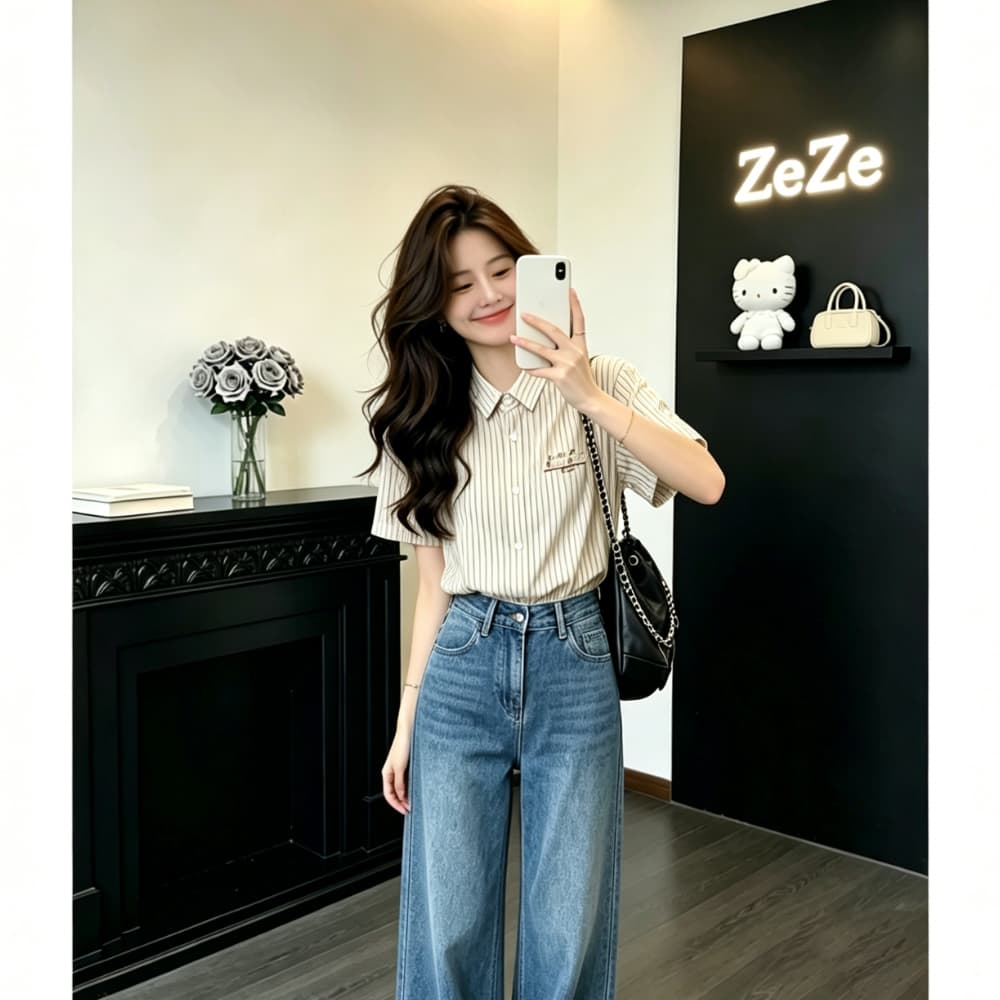 한 부서 여름 새로운 부드러운 핀 스트라이프 여성 셔츠 여름 작은 대중 알파벳 자수 루즈핏 표지 고기 반팔 맨위 이미지 2