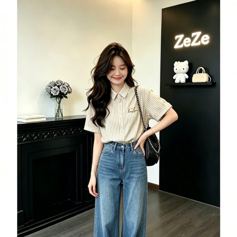 한 부서 여름 새로운 부드러운 핀 스트라이프 여성 셔츠 여름 작은 대중 알파벳 자수 루즈핏 표지 고기 반팔 맨위