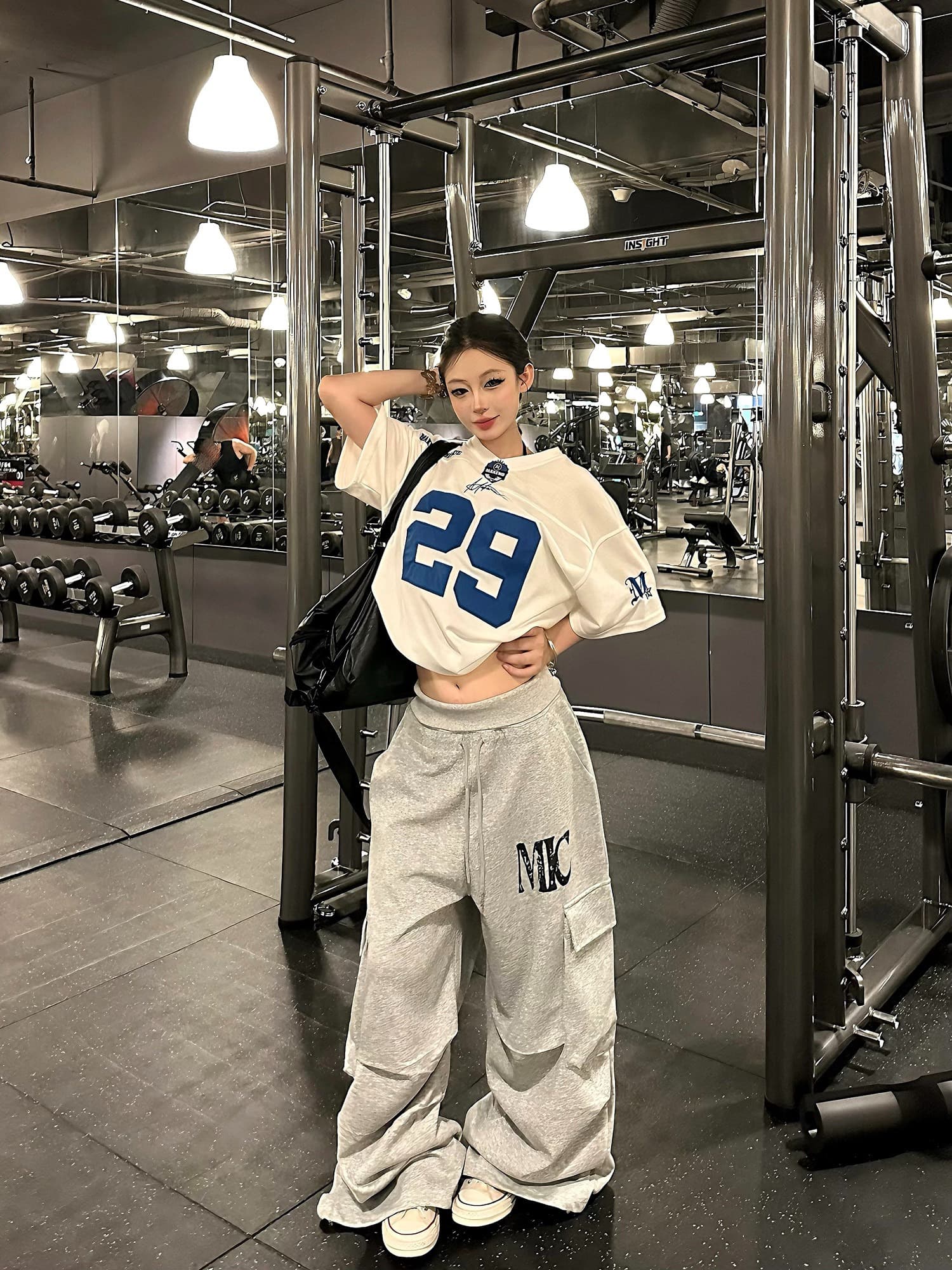 원본 한국 chic 아메리칸 레트로 허리밴드 캐주얼 운동 바지 여성 루즈핏 넓은 다리 웨이 바지 재즈 댄스 바지 상세 이미지 4