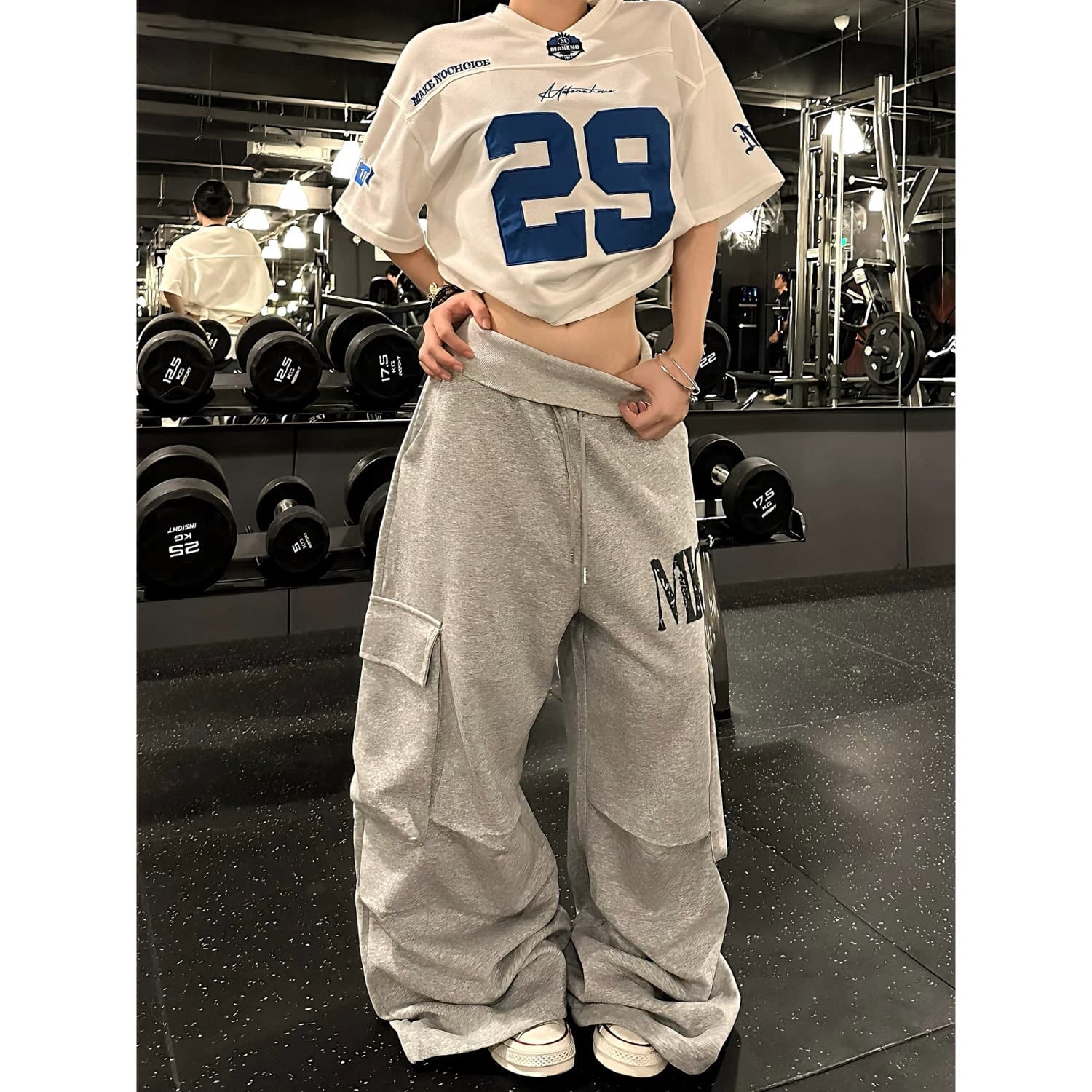 원본 한국 chic 아메리칸 레트로 허리밴드 캐주얼 운동 바지 여성 루즈핏 넓은 다리 웨이 바지 재즈 댄스 바지 상세 이미지 8