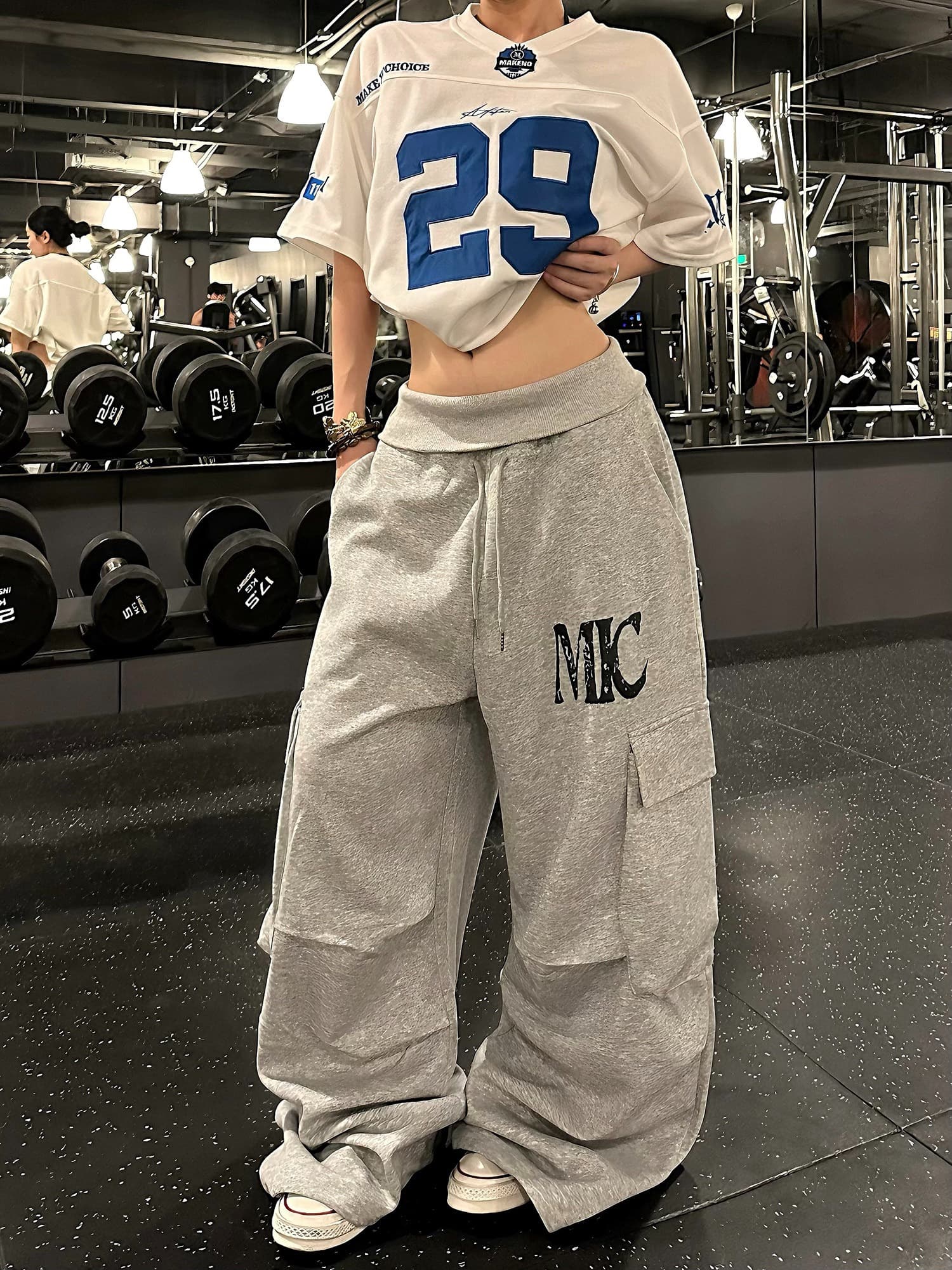 원본 한국 chic 아메리칸 레트로 허리밴드 캐주얼 운동 바지 여성 루즈핏 넓은 다리 웨이 바지 재즈 댄스 바지 상세 이미지 11