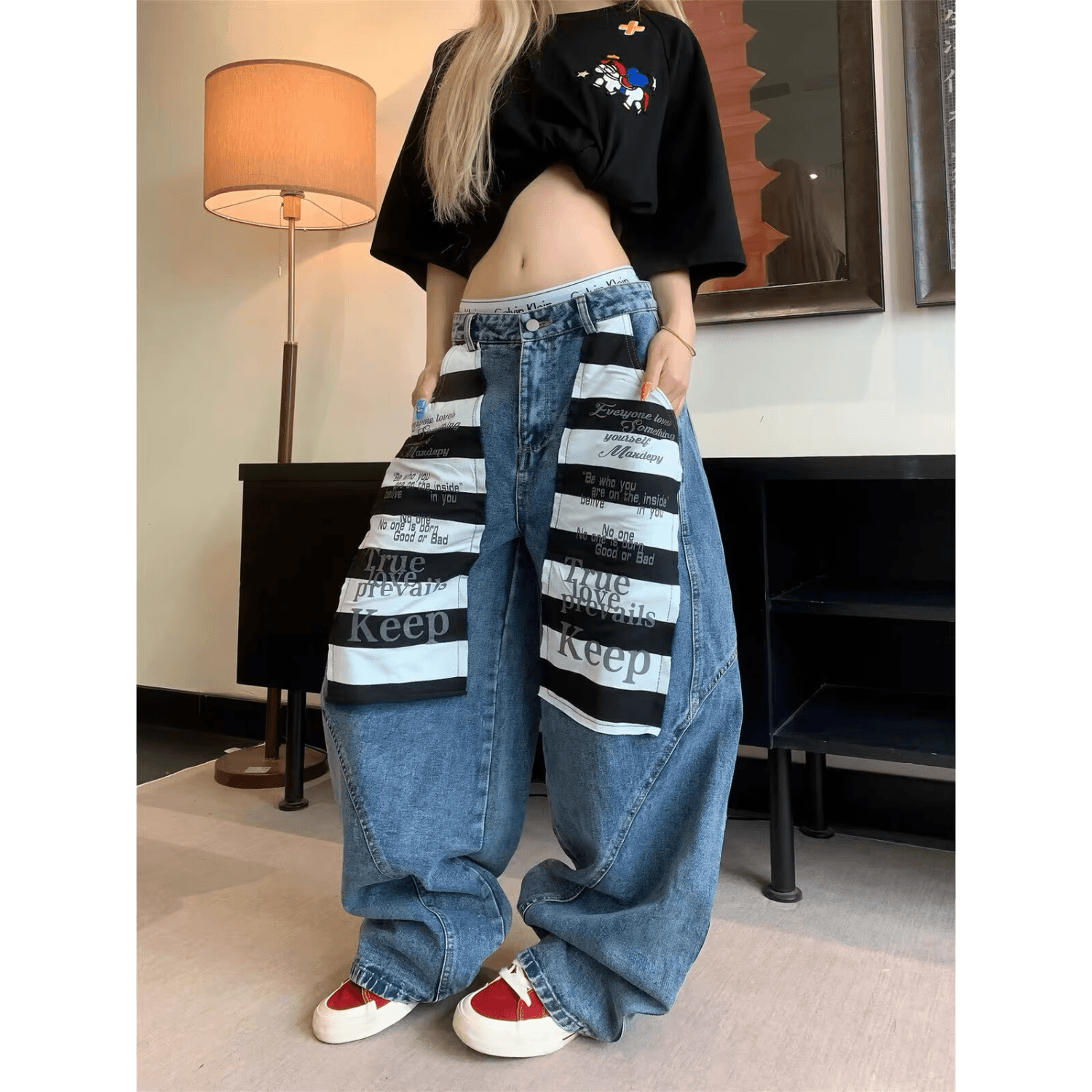 한국 chic 아메리칸 레트로 워싱 패치 배색 청바지 여성 루즈핏 거리 모통이 칼 넓은 다리 바닥 청소 긴 바지 상세 이미지 6