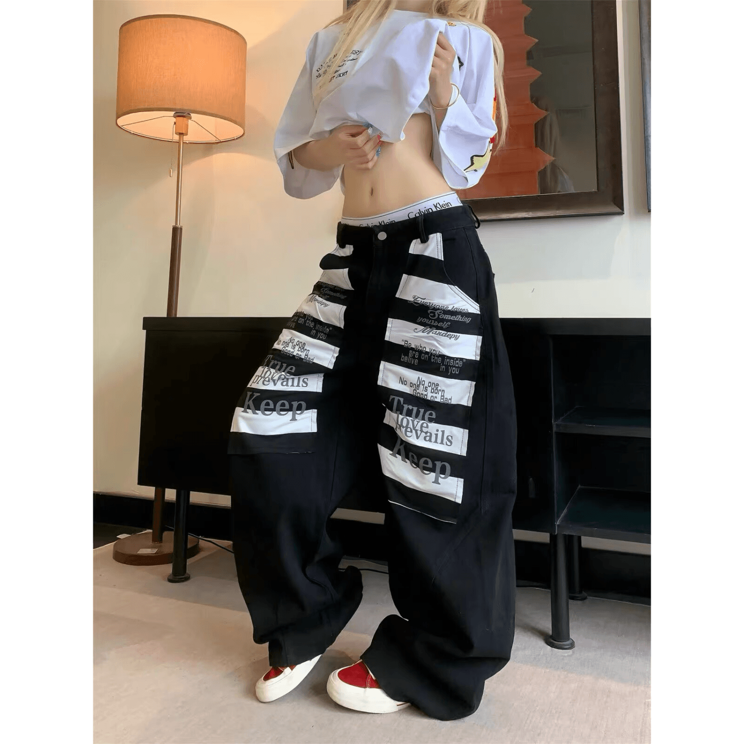 한국 chic 아메리칸 레트로 워싱 패치 배색 청바지 여성 루즈핏 거리 모통이 칼 넓은 다리 바닥 청소 긴 바지 상세 이미지 10