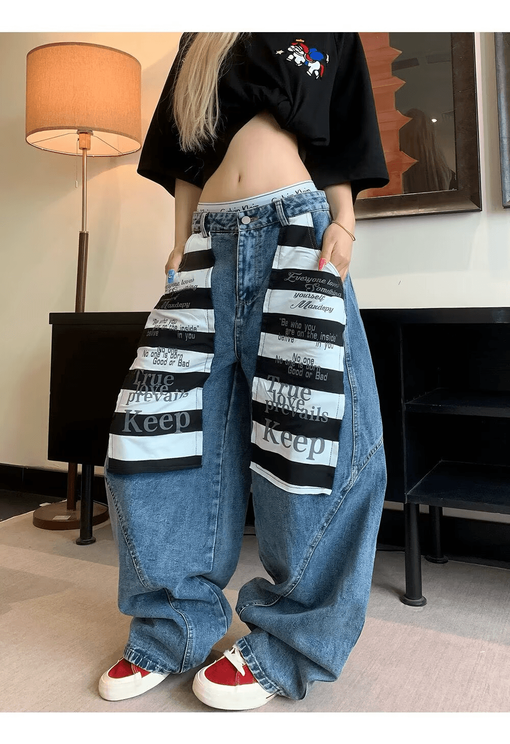 한국 chic 아메리칸 레트로 워싱 패치 배색 청바지 여성 루즈핏 거리 모통이 칼 넓은 다리 바닥 청소 긴 바지 상세 이미지 19