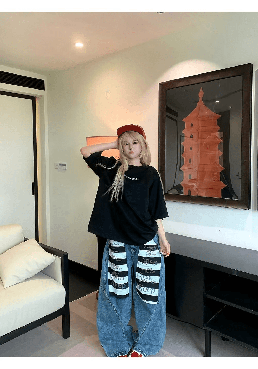 한국 chic 아메리칸 레트로 워싱 패치 배색 청바지 여성 루즈핏 거리 모통이 칼 넓은 다리 바닥 청소 긴 바지 상세 이미지 21