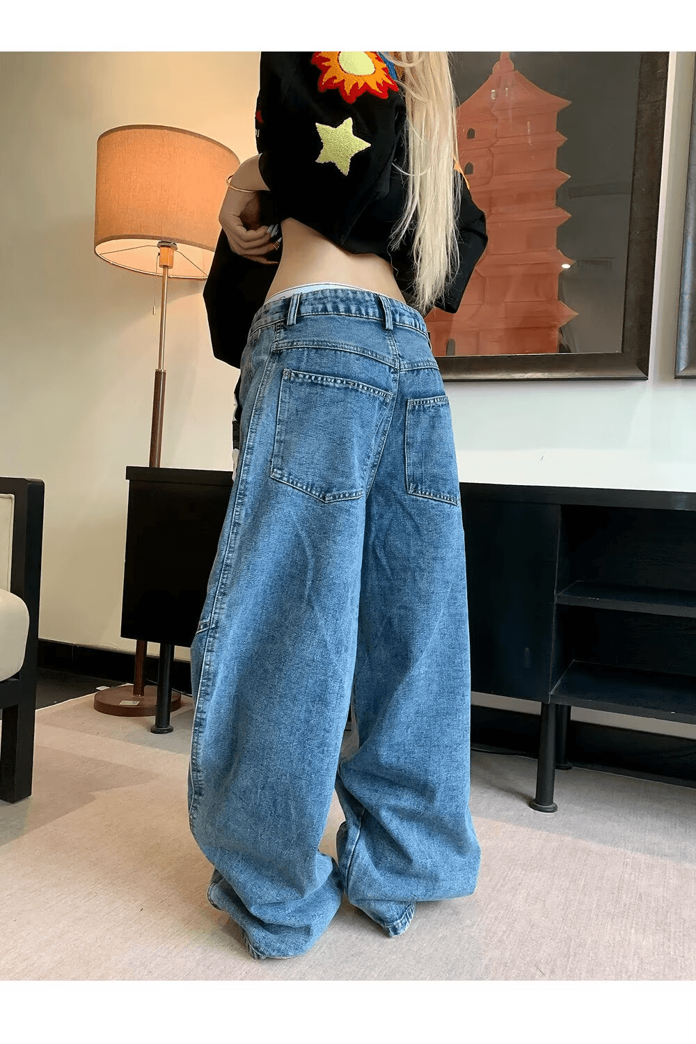 한국 chic 아메리칸 레트로 워싱 패치 배색 청바지 여성 루즈핏 거리 모통이 칼 넓은 다리 바닥 청소 긴 바지 상세 이미지 23