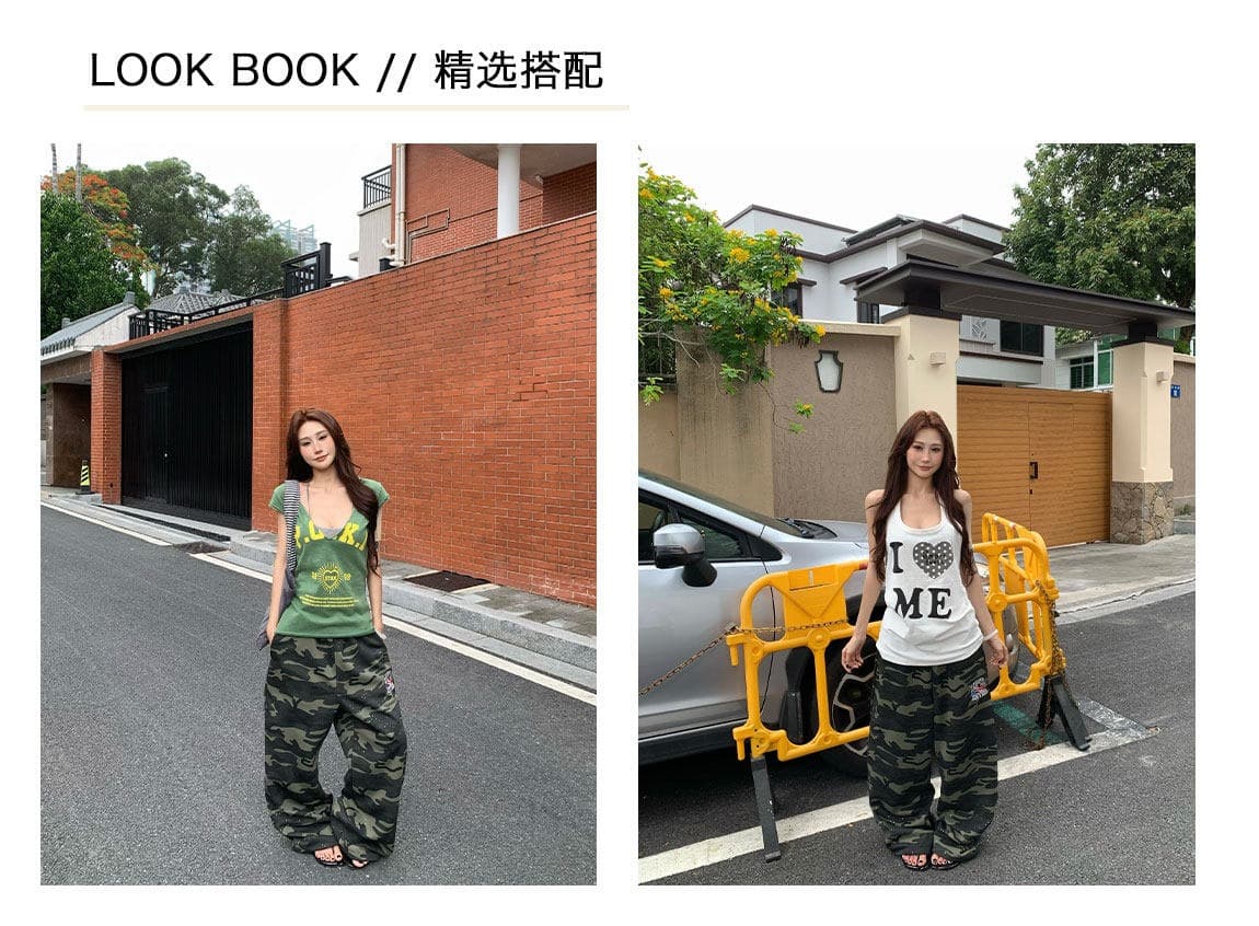 한국 chic 아메리칸 레트로 카모플라주 루즈핏 넓은 다리 캐주얼 바지 여성 2026 새로운 거리 스트레이트 운동 긴 바지 상세 이미지 10