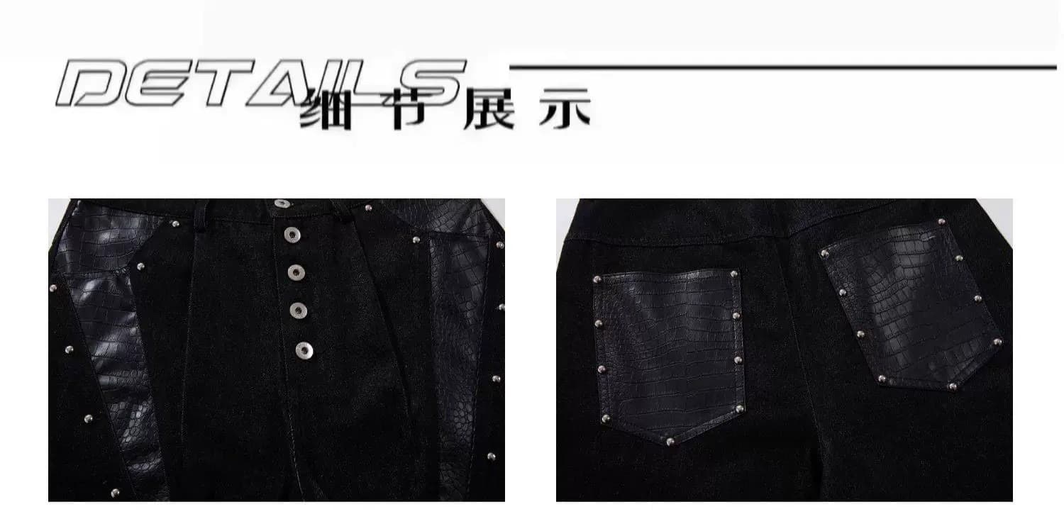 한국 chic 새로운 아메리칸 높음 거리 거리 해체 패치워크 PU 가죽 청바지 루즈핏 단추 징 암소 바지 상세 이미지 3